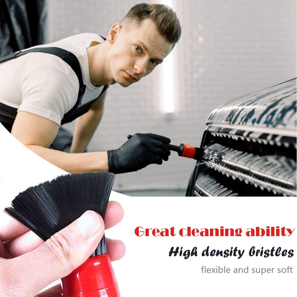 STHIRA  Car Cleaning Brush, 6pcs Auto Detailing Brush Set with Soft Boar Hair, Car Cleaning Accessories for Cleaning Air Vents, Emblems, Leather, Wheels, Engine, Interior (Black 6PCS Cleaning Set)