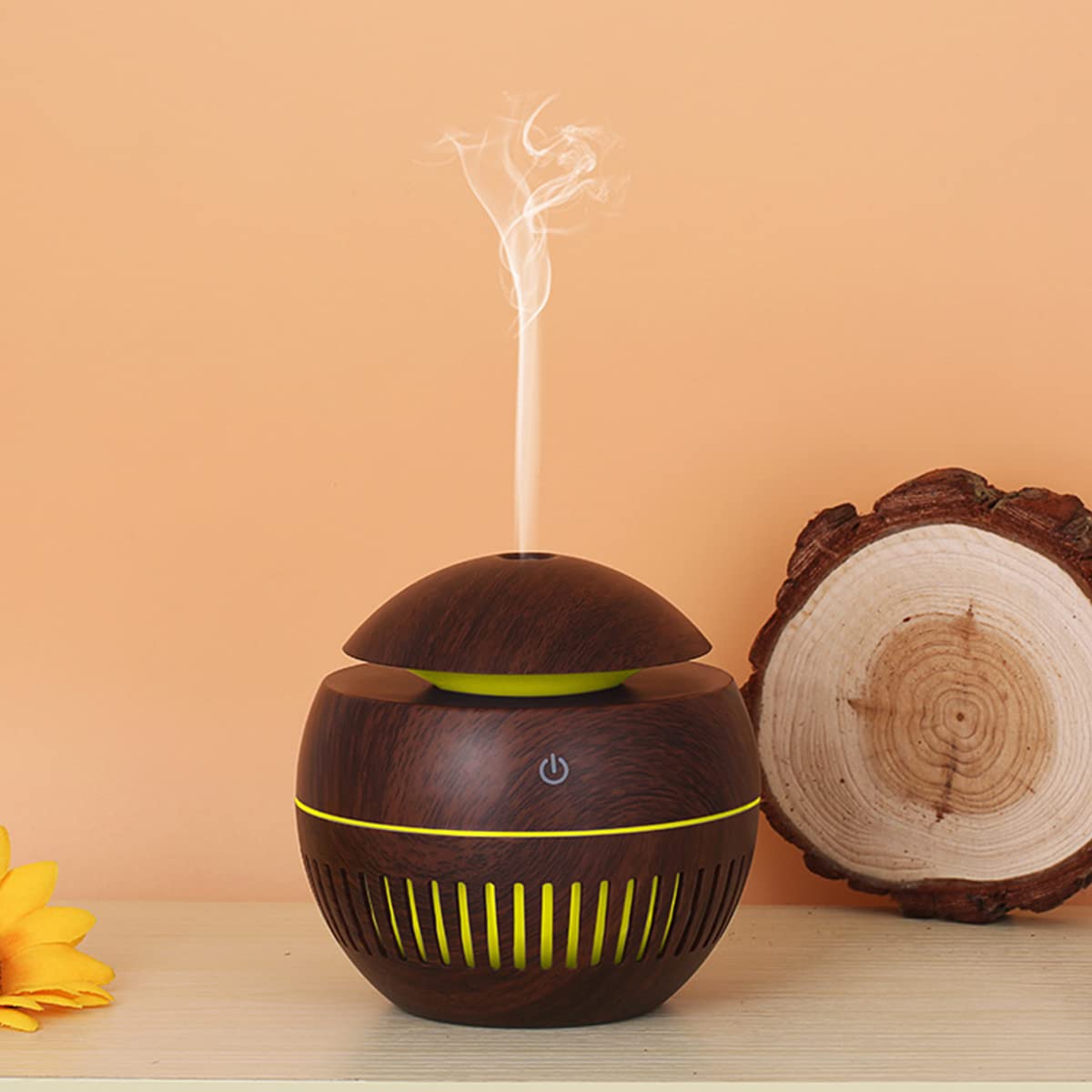 HANNEA Humidifier for Room featuring Smart Touch Switch and 7 Color LED Light | 130ML Wood Grain USB Aroma Diffuser