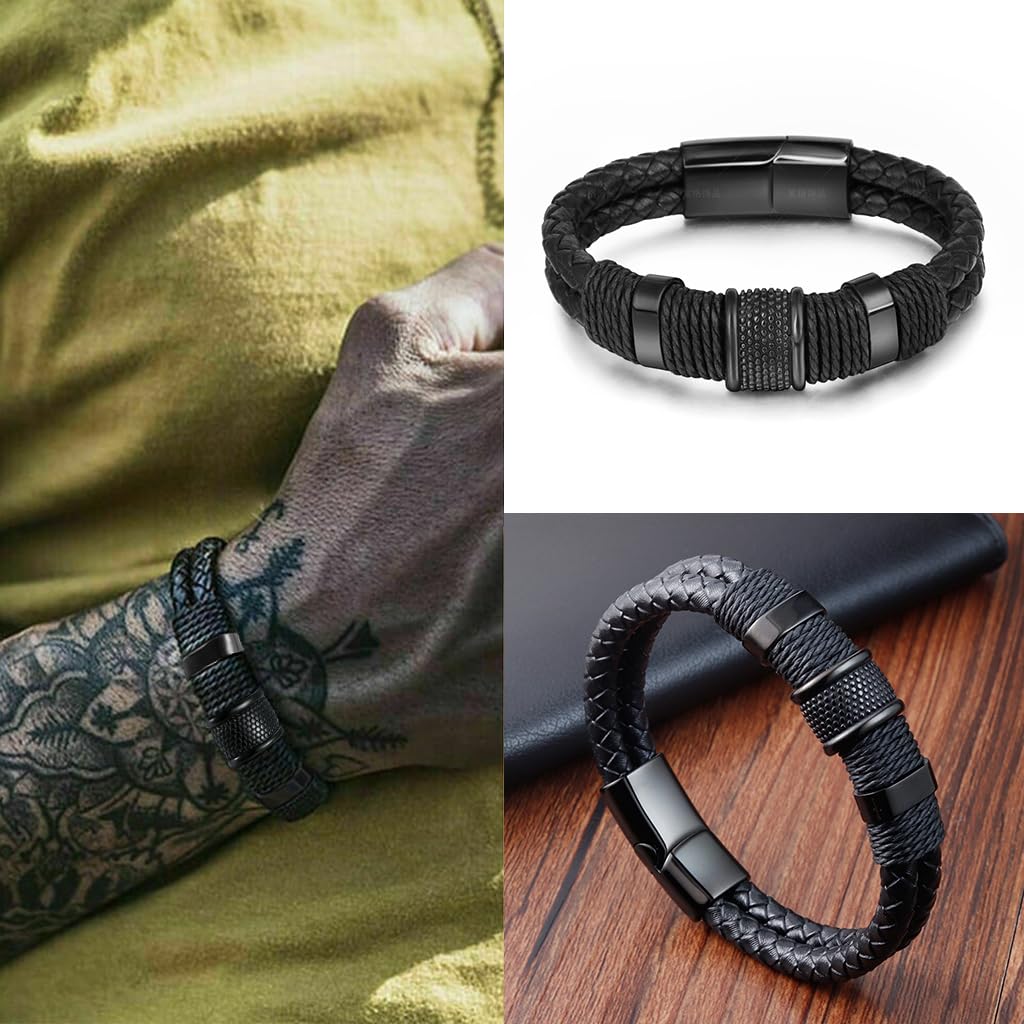 Zibuyu Bracelet for Men with Double Layer Leather and Sleek Metal Details | Gift for Husband