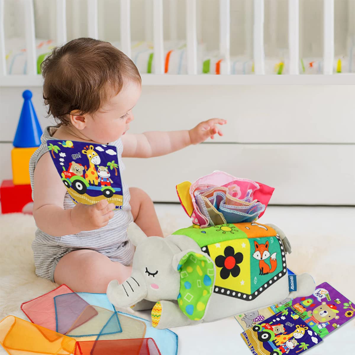 SNOWIE SOFT Sensory Montessori Tissue Box Toy with 8 Color Cloths for Toddlers | Elephant Plush