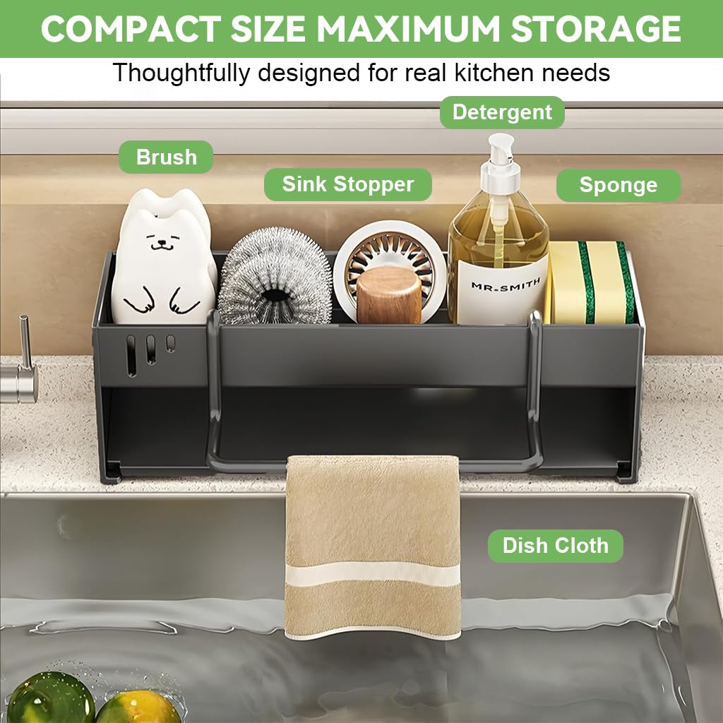 HASTHIP Metal Sponge Holder for Kitchen Sink with Water Guiding Panel & Towel Bar | 30.5x9.6x9 cm Stainless Steel Organizer