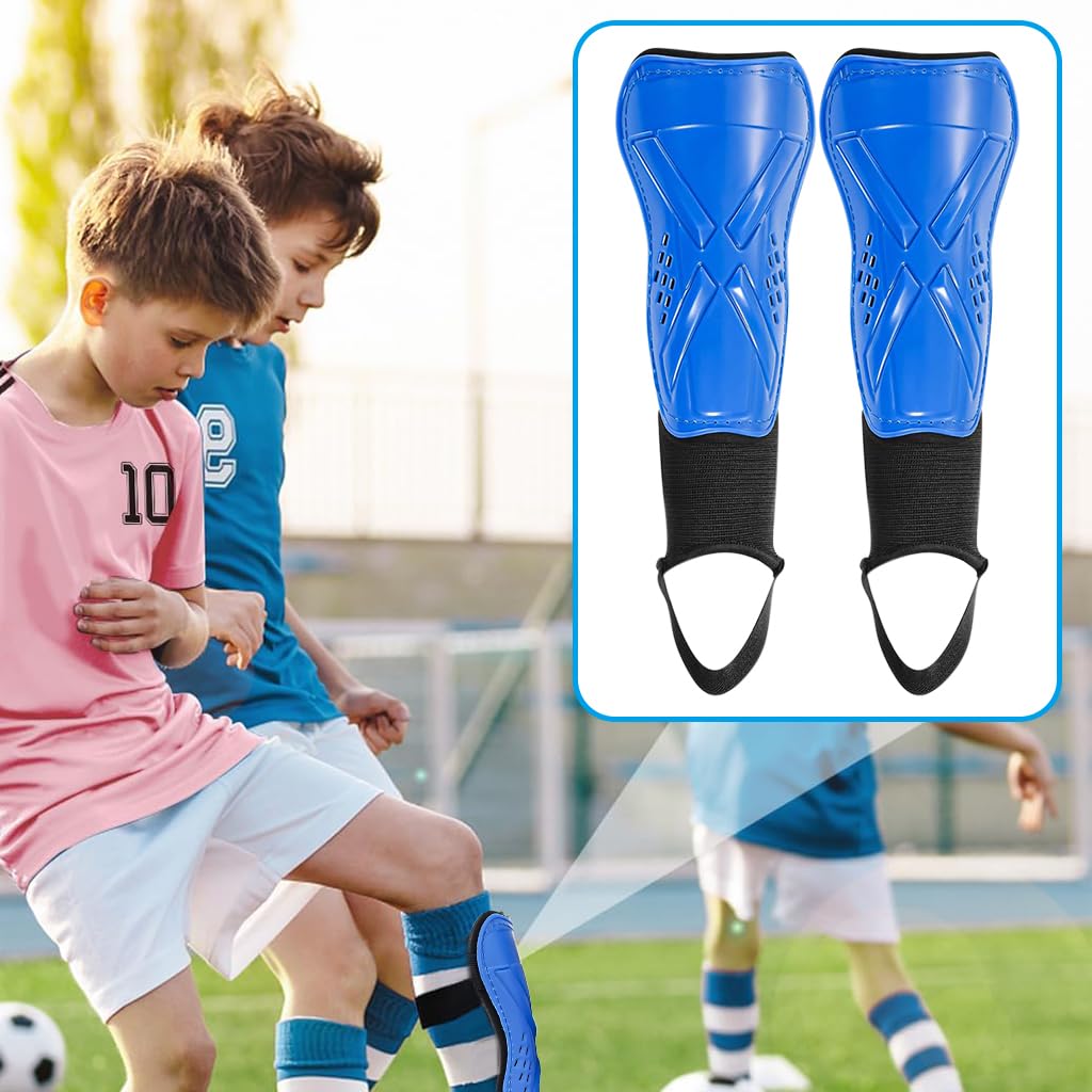 Proberos Football Shin Guard for Kids with EVA Cushioning and Ankle Support | Blue Adjustable Fit 8–13 in