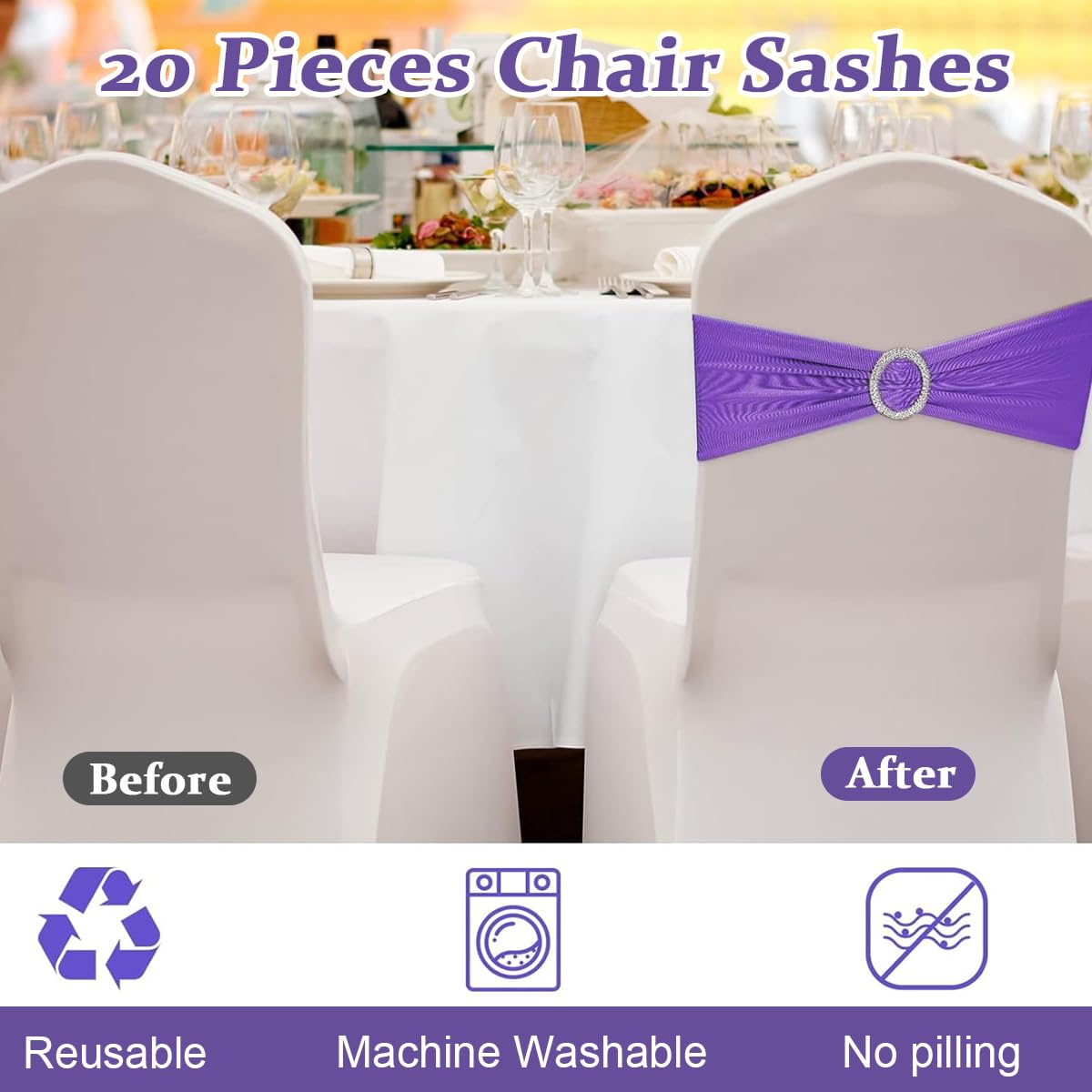 HASTHIP® 20Pack Chair Sashes Chair Bows Stretch Chair Sashes Spandex Chair Cover Band with Buckle for Wedding Hotel Banquet Birthday Party Home Decorations, Purple