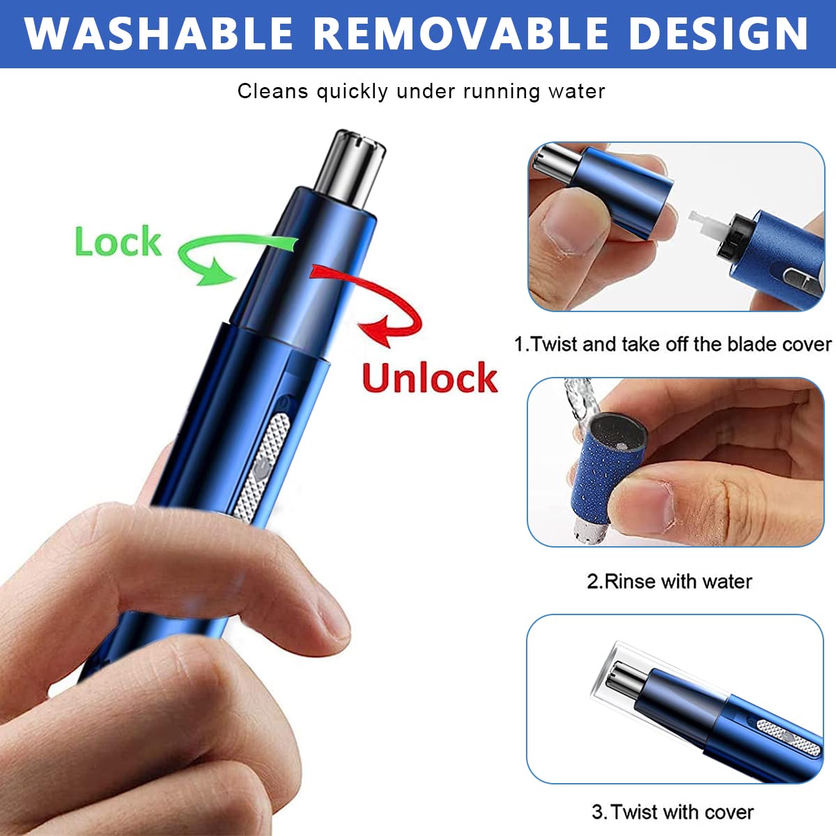 MAYCREATE Nose Hair Trimmer with 6000 RPM Motor and Dual Hole Vortex Cleaning | Blue IPX5 Grooming Kit