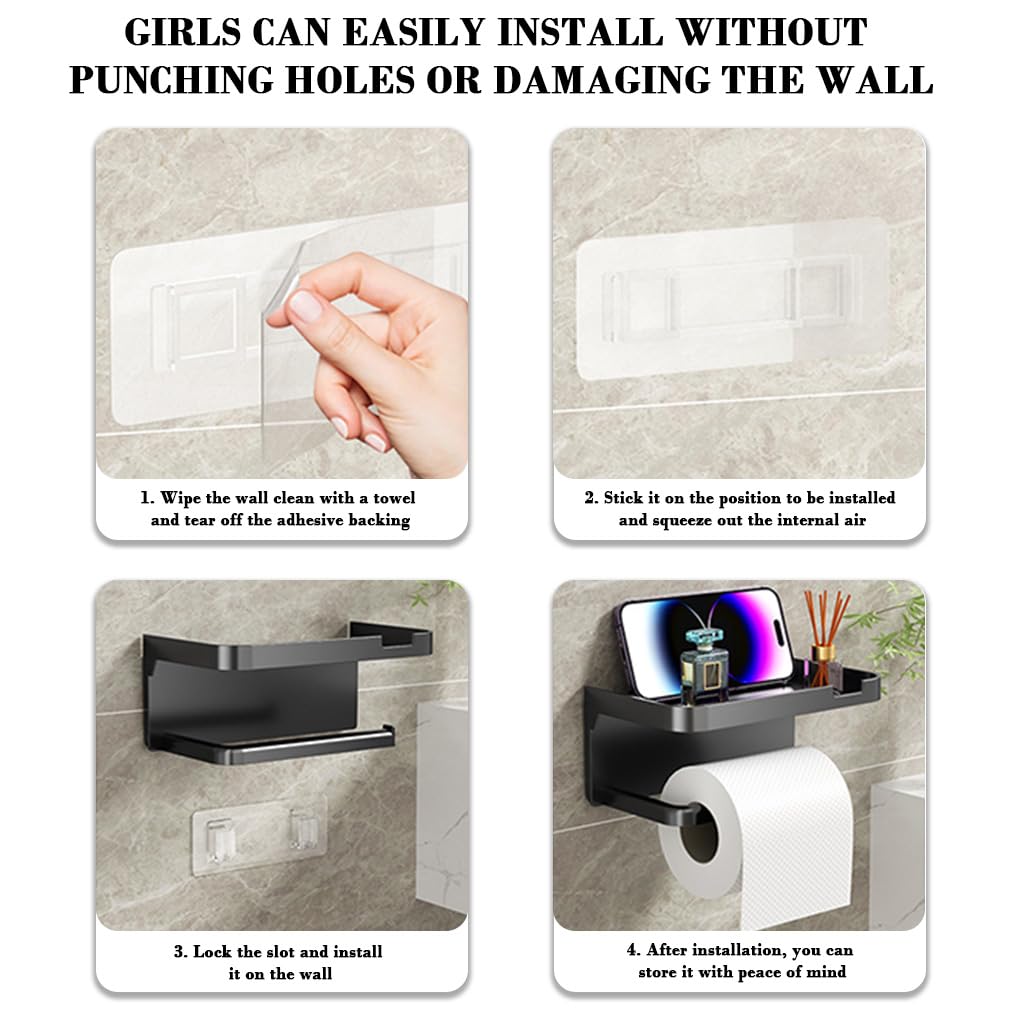 HASTHIP Toilet Paper Roll Holder for Bathroom with Mobile Shelf and Self Adhesive Mount 18x10x8cm Black