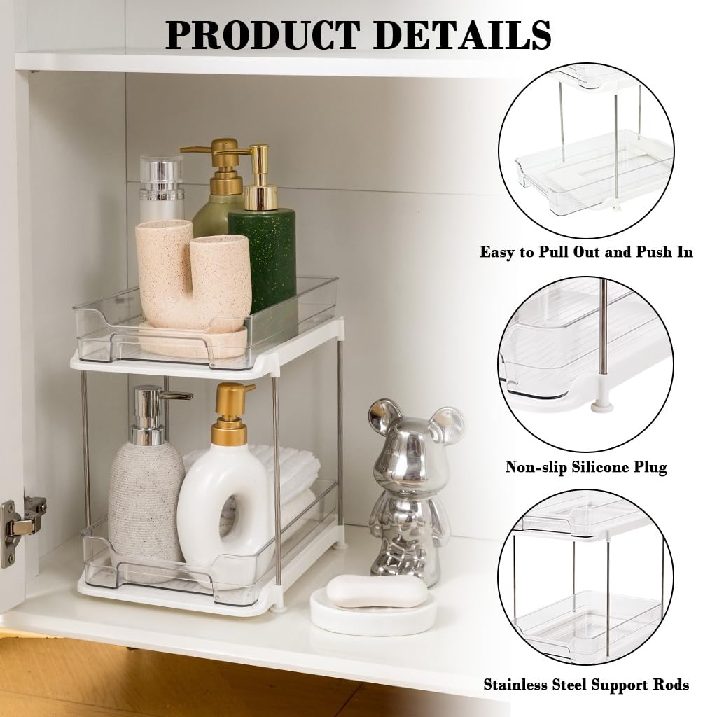 Supvox Bathroom Organizer for Kitchen and Under Sink Storage with Double Layer Pull Out Design | Clear PET Baskets 7.87x11.42x11 in