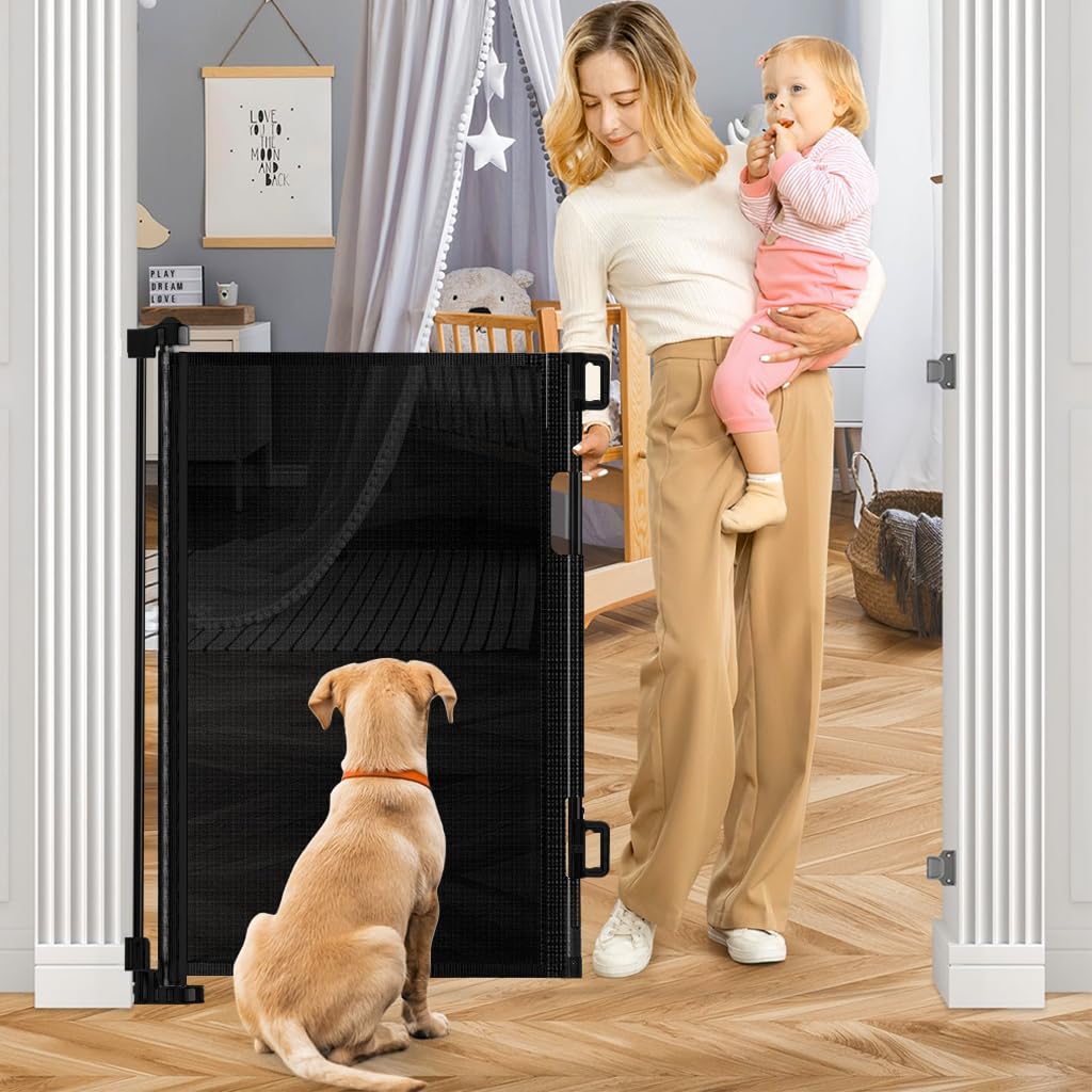 SNOWIE SOFT® Retractable Baby Safety Gate Fence Gate with Lock, Buckle Door Barrier Staircase Gate Door Gate Barrier for Babies Toddler, Dog Cat Pet in Balcony, Bedroom, Living Room, 33