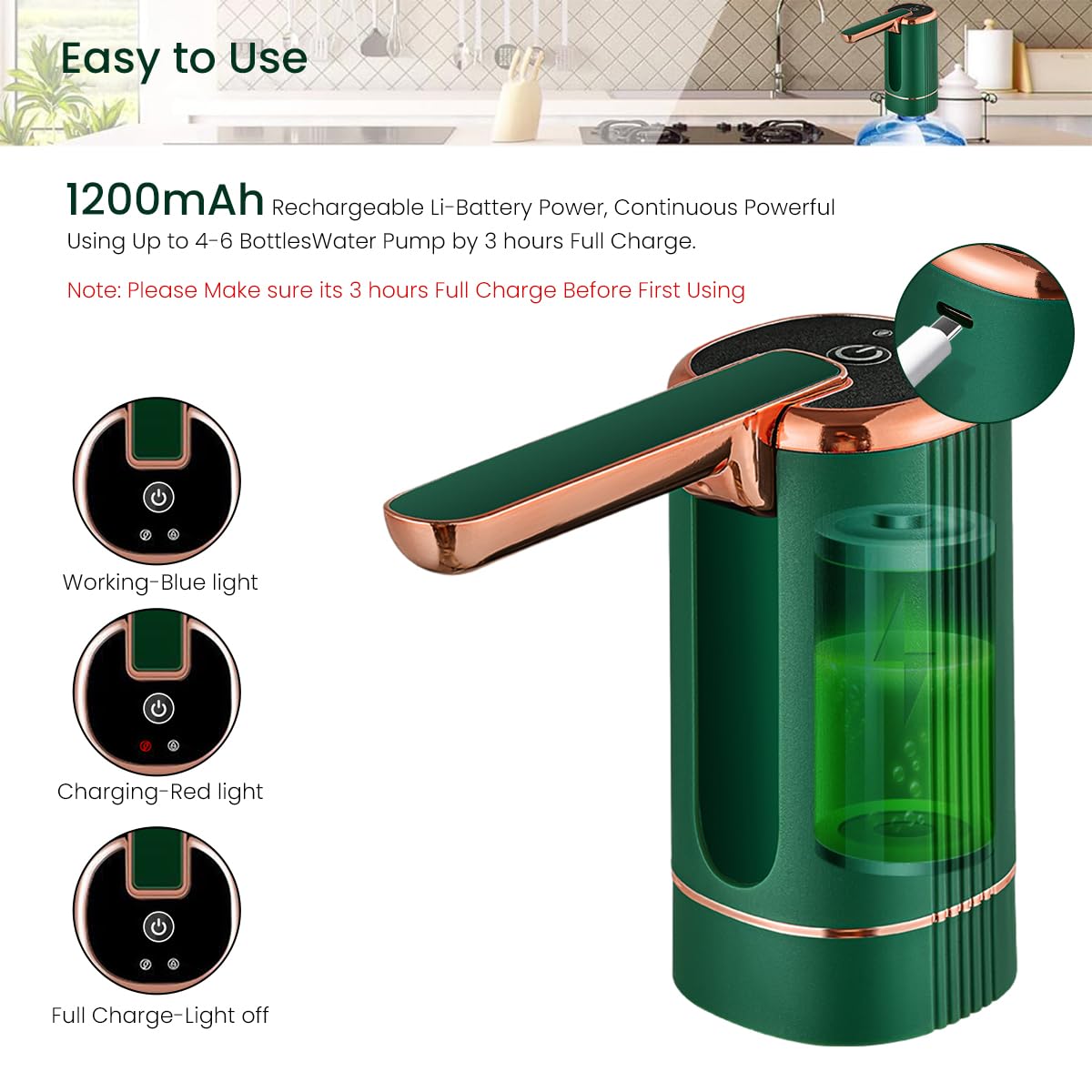 Automatic Water Dispenser Pump for 2–5 Gallon Bottles with 1200mAh USB Rechargeable Battery | Foldable Hygienic Design and Food Grade Silicone Hose