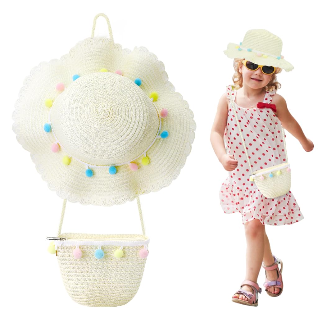 PALAY® Straw Hat and Small Bag Set, Summer Sun Hat Girls Children's Straw Hat with Woll Balls Decoration for Tourism Holiday Travel Beach Outdoor Activities