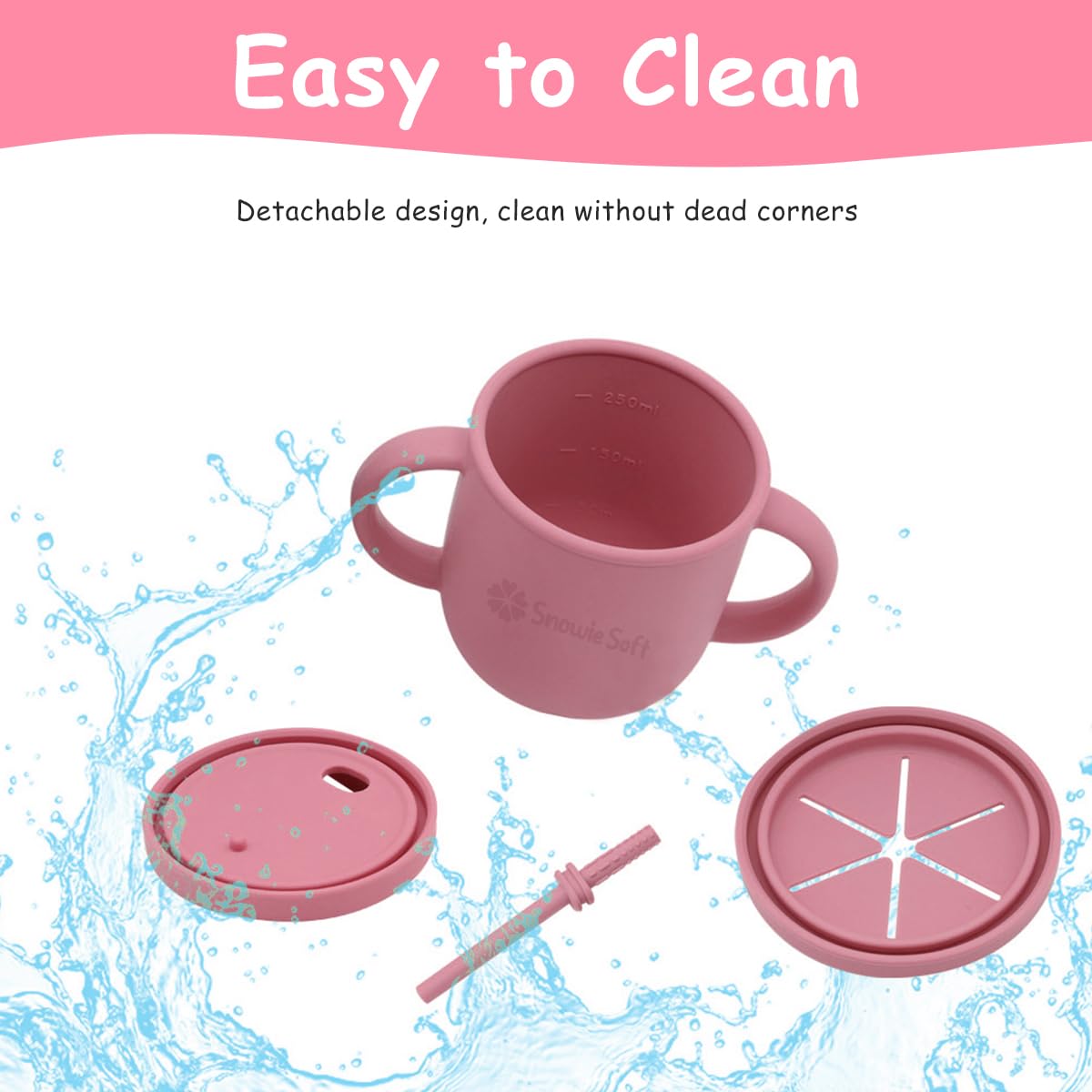 SNOWIE SOFT Silicone Sippy Cup for 6–12 Months with Teether Straw and Draining Lid | Pink