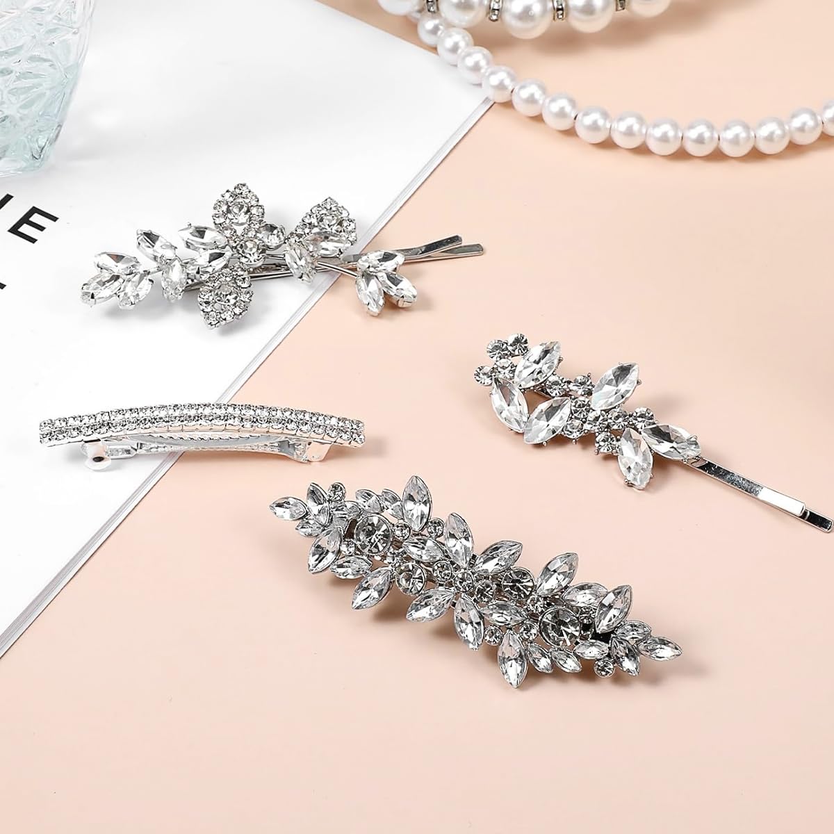 SANNIDHI Hair Barrettes Set for Girls & Women featuring 4 Pcs Rhinestone Floral Clips | Elegant Bridal Hair Accessories