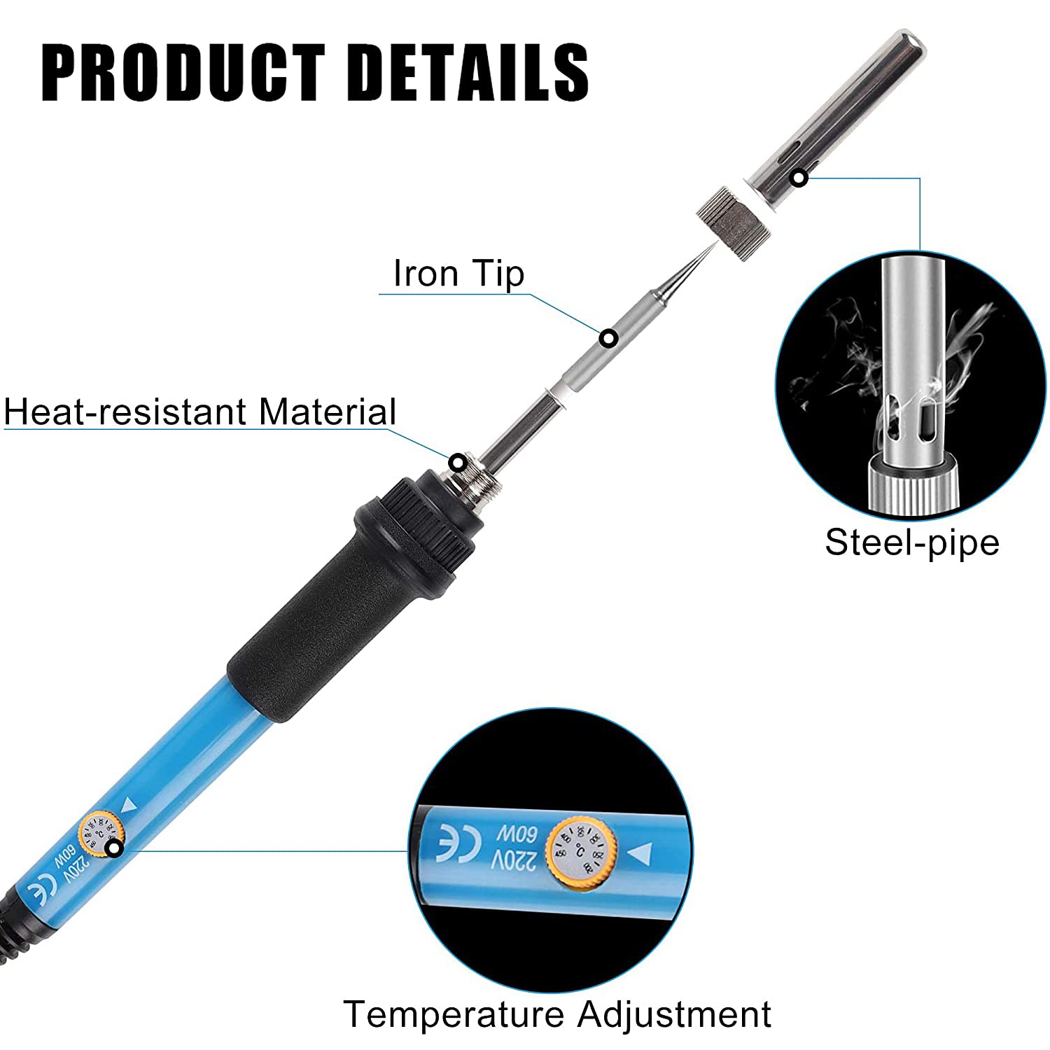 Serplex Electric Soldering Iron 60W 220V for Circuit Board Repair with Adjustable 200–450°C | Silicone Anti‑Slip Handle and Heat Dissipation Holes