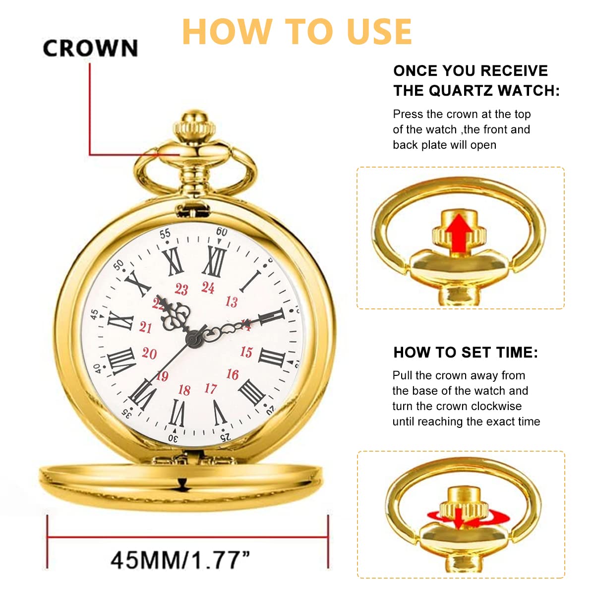 HASTHIP Pocket Watch with Chain for Men Gift for Son Creative Retro Style Alloy Pocket Watch Special Birthday Gift for Your Son 4.8cm Diameter, Golden