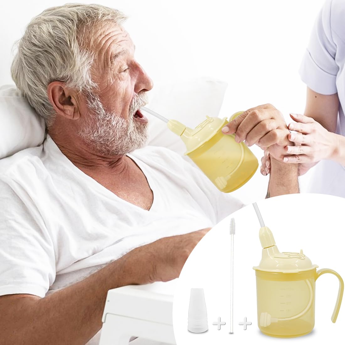 HANNEA® Drinking Beaker Cup for Disabled Adults, Convalescent No Spill Feeding Cup with Straw