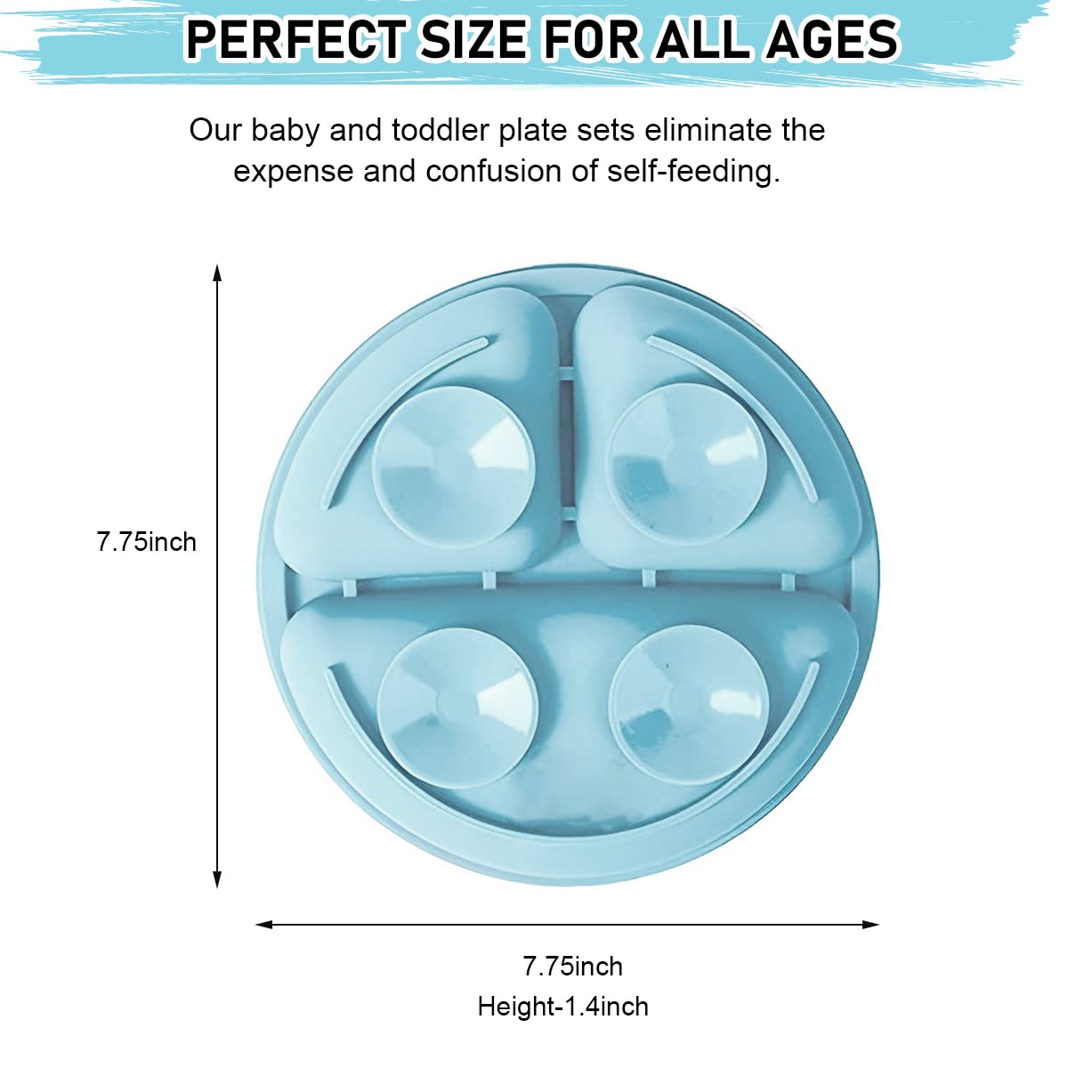 SNOWIE SOFT Baby Suction Plates for Baby Feeding with 4 Strong Suction Cups, Silicone Toddler Plates with Deep Divided for Kids to Feed Themselves, Dish Washer & Micro-Wave Oven Safe (Blue)