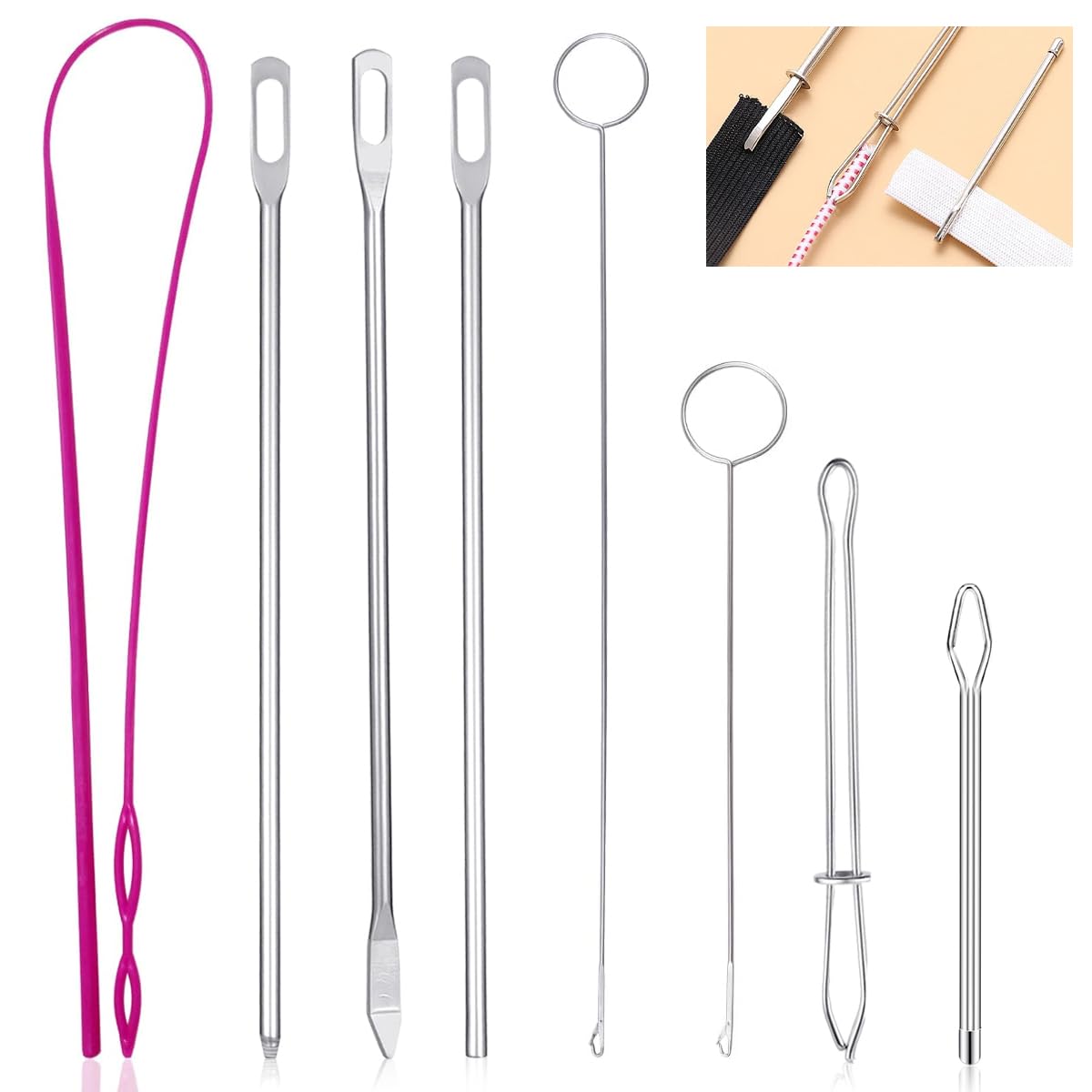 HASTHIP Drawstring Threader Tool Set for Sewing and Crafts with 8 Pcs 22cm Metal Hooks | Stainless Steel Loop Turner and Flexible Plastic Threader