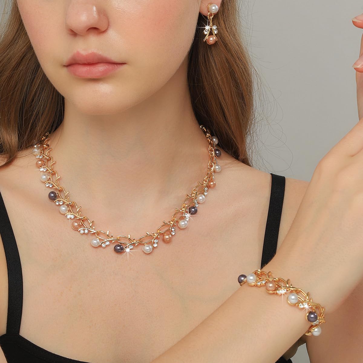 SANNIDHI Jewelry Set for Women with Pearl and Rhinestone Details | Necklace Bracelet & Earrings for Wedding and Party