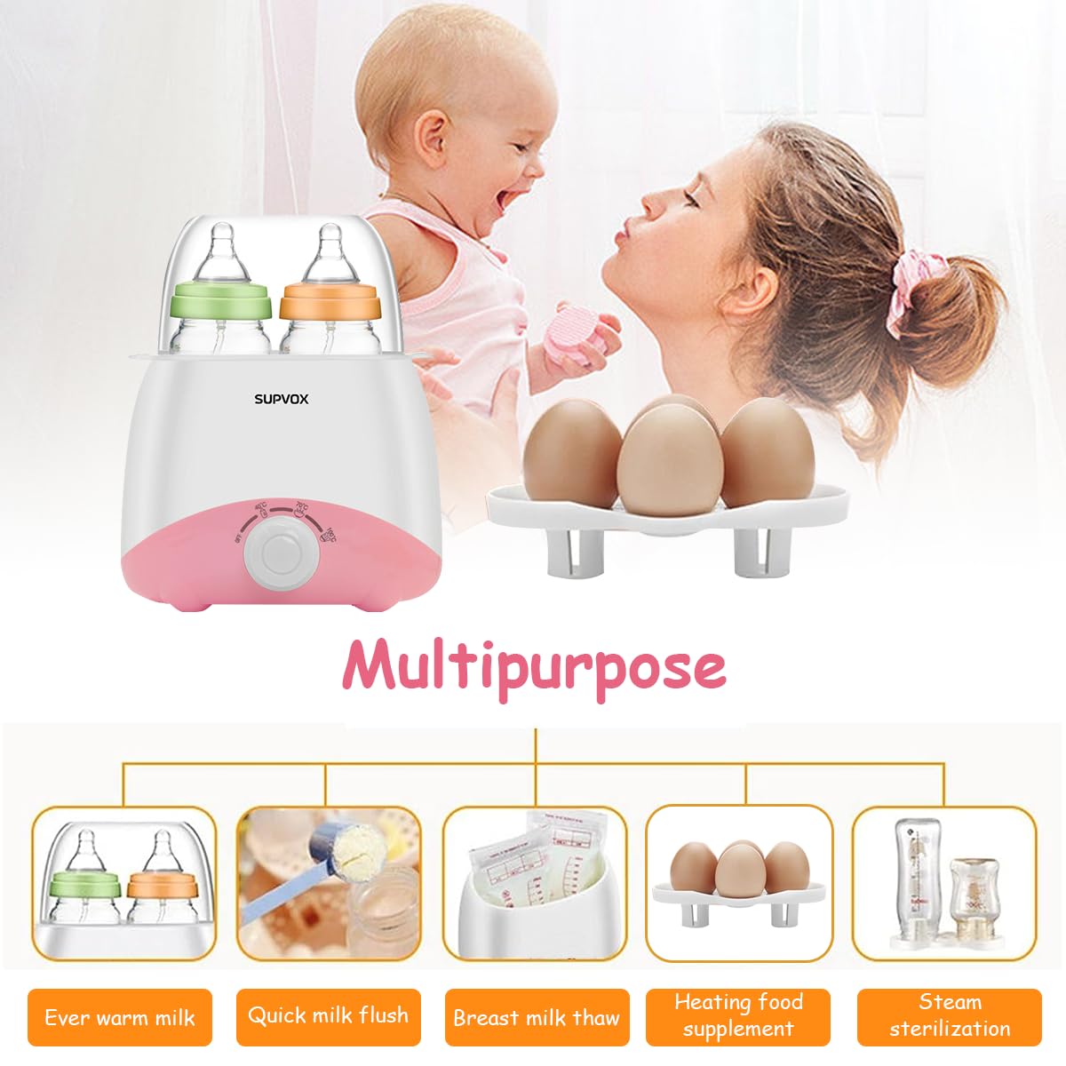 Supvox Baby Bottle Warmer for Milk and Food with 6 in 1 Dual Bottle Design | 8–15 min Fast Heating, 24h Keep Warm, 100°C Steam Sterilizer, Pink 2 pcs