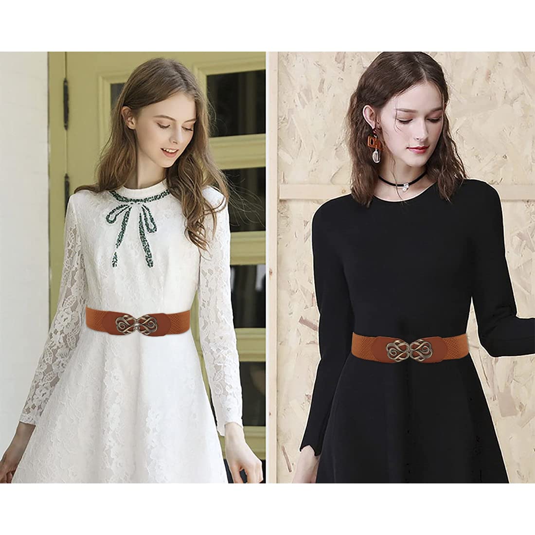 PALAY Women Stretchy Belt for Dresses and Blouses with Metal Interlocking Buckle 60cm Coffee Brown