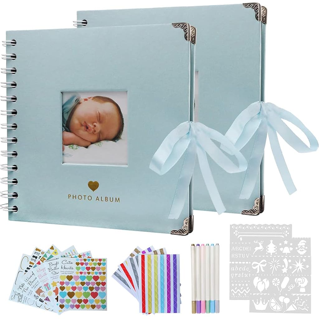 HASTHIP® Scrapbook Baby Album 6.9 Inch with DIY Accessory Kit, Handmade Scrapbooking Photo Album for Baby Shower Guest Book Children Gift, Pack of 2, 40 Pages, Powderblue