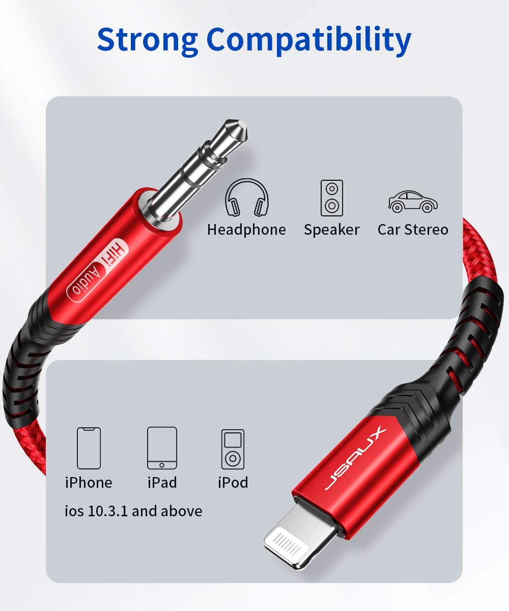 JSAUX Lightning to 3.5mm iPhone Aux Cable for Car & Headphones featuring Built in DAC | 6ft Nylon Braided Red