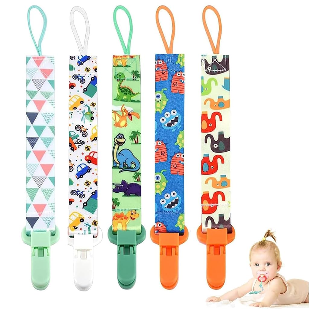 SNOWIE SOFT® 5pcs Anti Lost Pacifier Chain Strap Pacifier Clip for Toddlers Cartoon Fabric Pacifier Clip Strap for Soother, Teether, Toy, Pacifier Anti Lost Baby Pacifier Attaching Strap