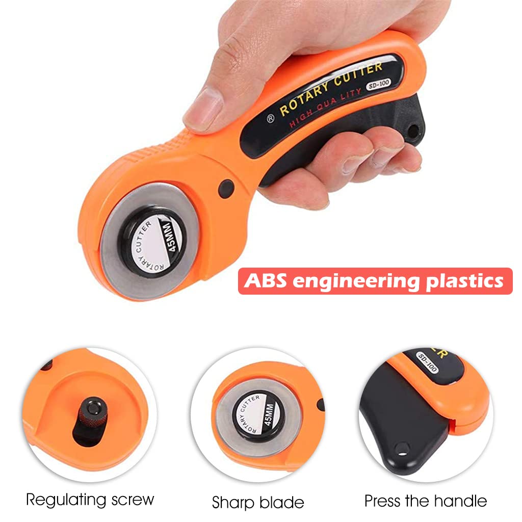 HASTHIP Roller Cutter for Fabric with 10pcs 45mm Alloy Steel Blades and Safety Lock | Ergonomic Handle for Sewing and Leather Craft