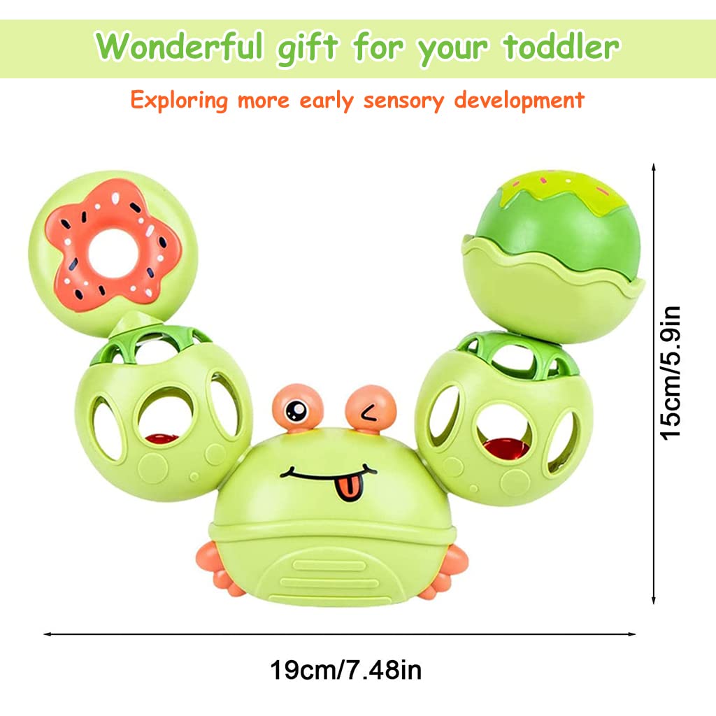 PATPAT® Rattles for Baby 0-6 Months Cartoon Crab Sensory Teething Toys for Babies 360 ° Rotation Rattle Toy BPA-Free Soothing Toy Toddler Activity Toys New Born Baby Toys Gifts for Boys Girls- Green