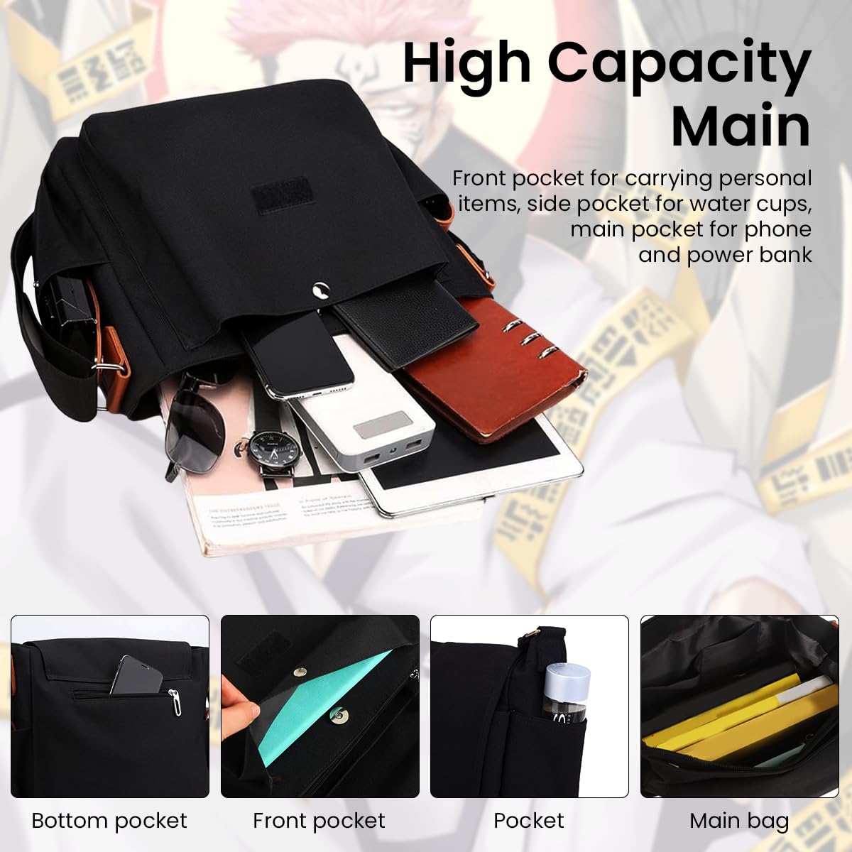 Venzina Sling Bag for Travel and College with 33x13x26cm Storage Canvas Black | Jujutsu Kaisen Print