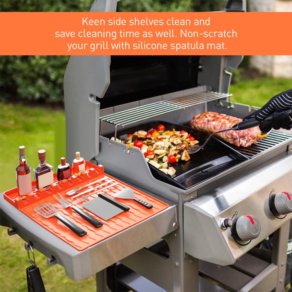 Supvox Silicone Grill Tools Mat for Barbecue and Kitchen Use with 28x40 cm Size featuring Anti Slip Grooves and Drip Pad | Orange Silicone Counter Protection