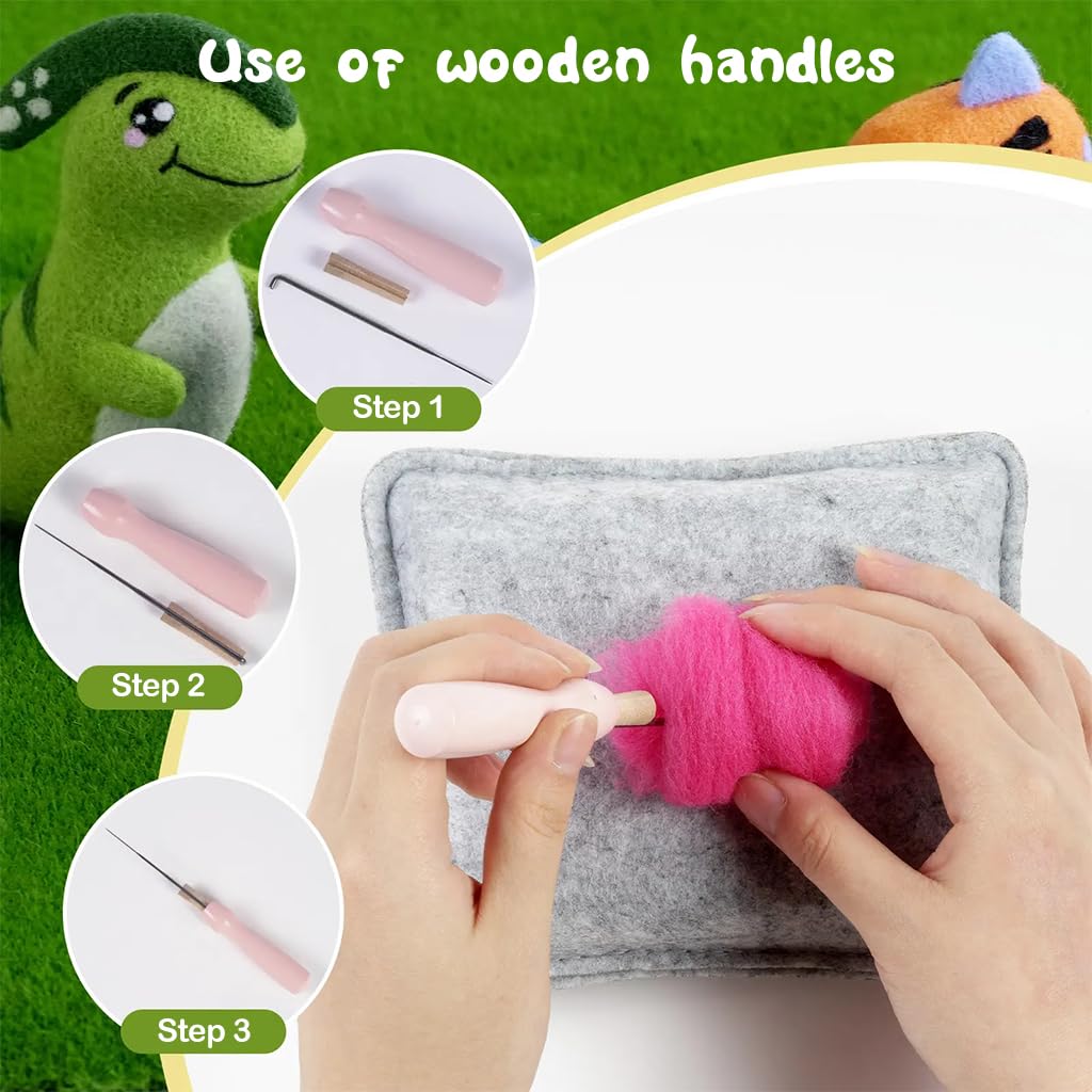 PATPAT® DIY Needle Felting Kit 4Pcs Cartoon Dinosaur Needle Felting Kit Color Wool Needle Felting Kit with Tools DIY Crafting Kit for Kids Adults DIY Children's Day Gift