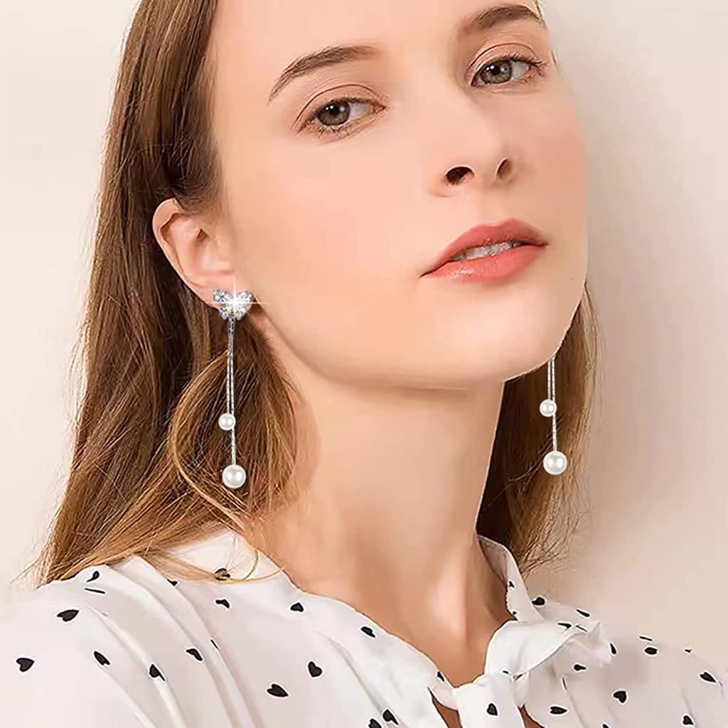 SANNIDHI Silver Earrings with Butterfly Tassel and Rhinestone Pearls for Women and Girls