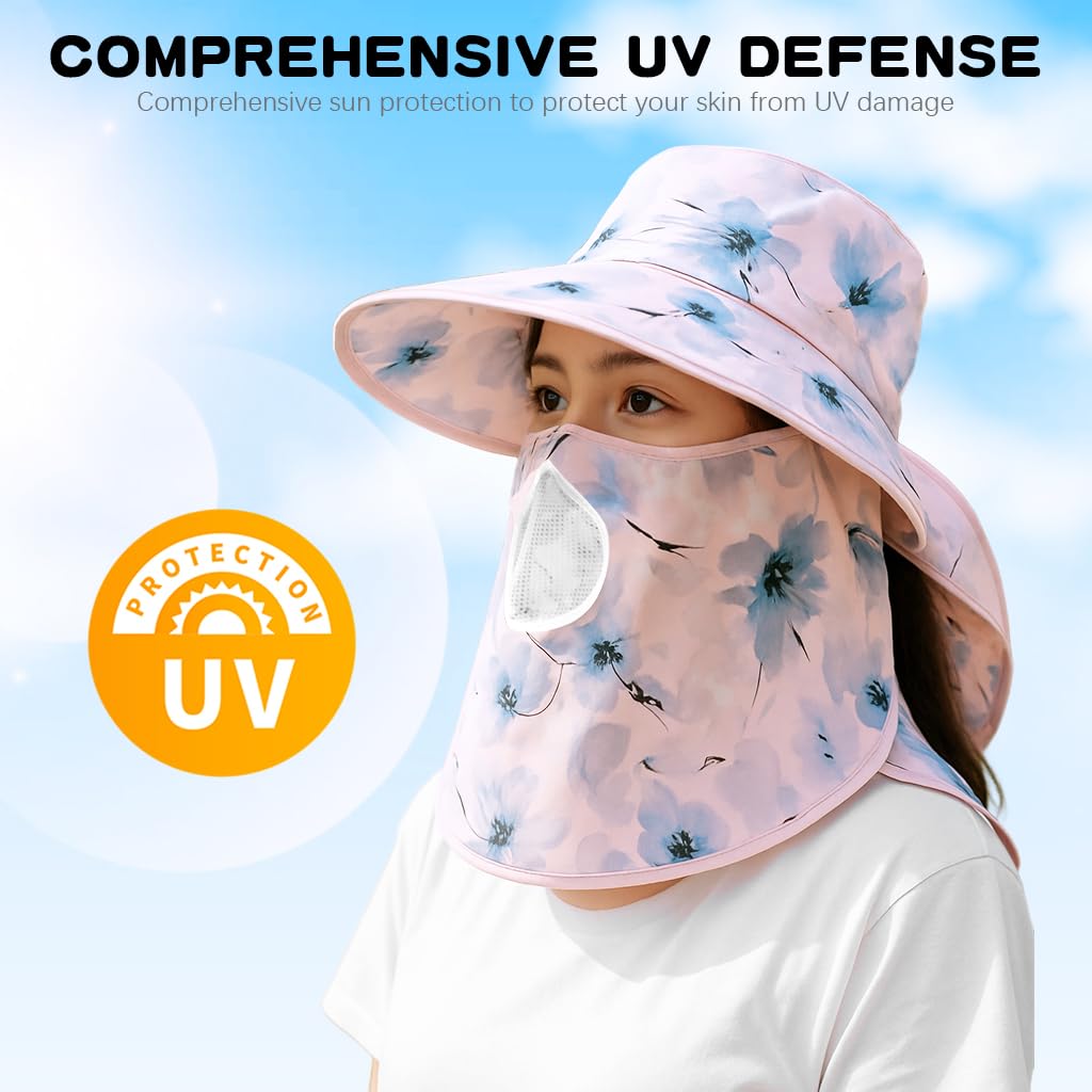SANNIDHI Sun Hat for Women with UPF50+ Wide Brim and Removable Face Mask | Floral Print Summer Protection