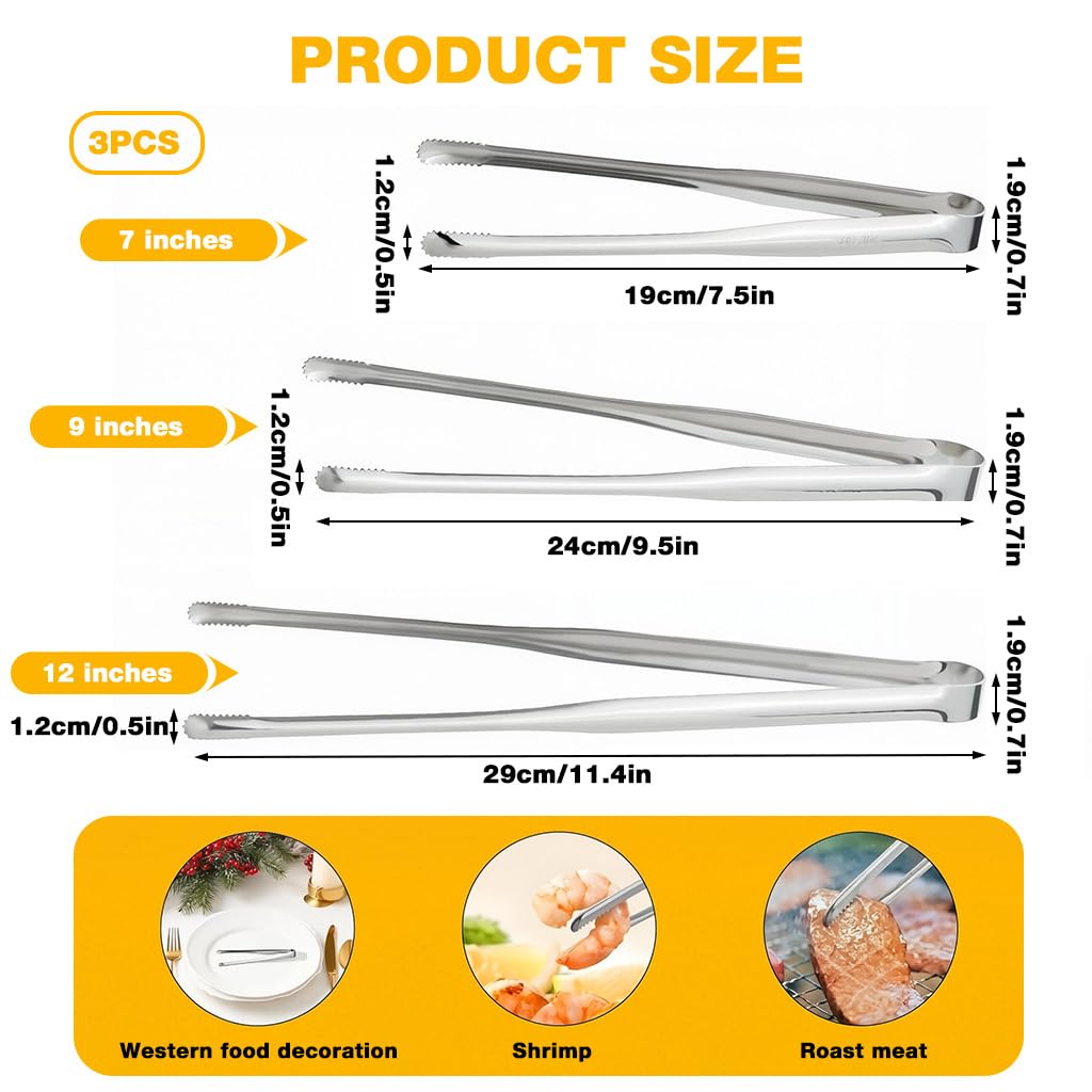 Supvox Cooking Tweezers Set for BBQ and Kitchen Use featuring Serrated Anti Slip Tips and 7 9 12 in Stainless Steel Sizes
