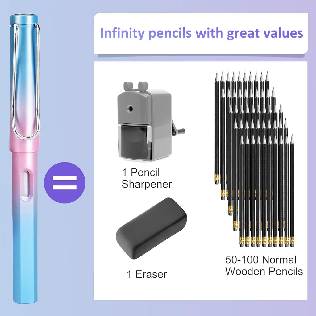 Climberty Infinity Pencils for Writing and Drawing with 0.5mm HB Nibs and Built‑in Eraser | 6 Reusable Inkless Pencils for Kids and Adults