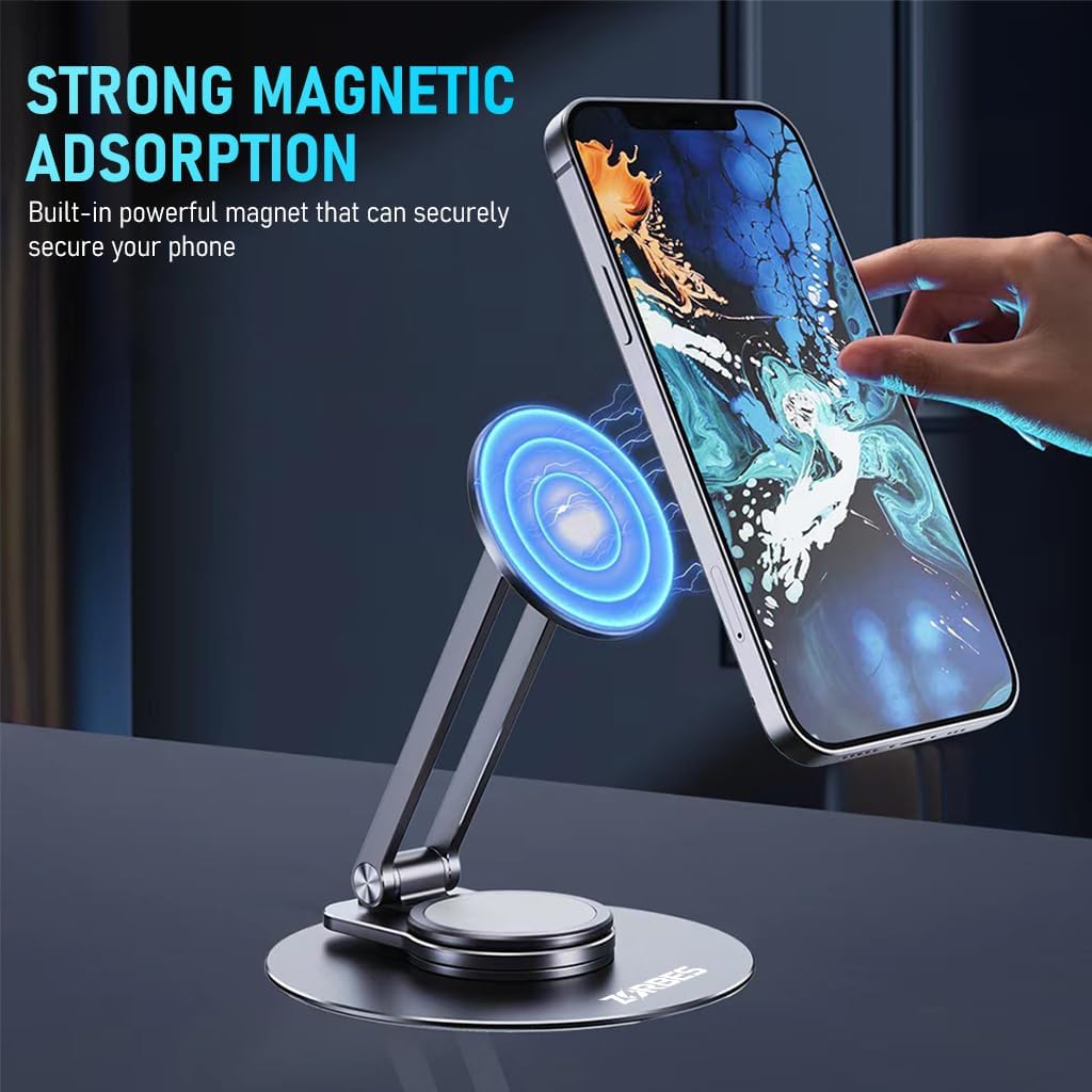 ZORBES® Magnetic Desk Phone Stand for iPhone 14 13 12 Series, Aluminum Phone Holder with 360°Rotation Base, Adjustable Foldable Mobile Stand Compatible with iPhone 14 13 12 Pro Max Mini, Mag Safe Case