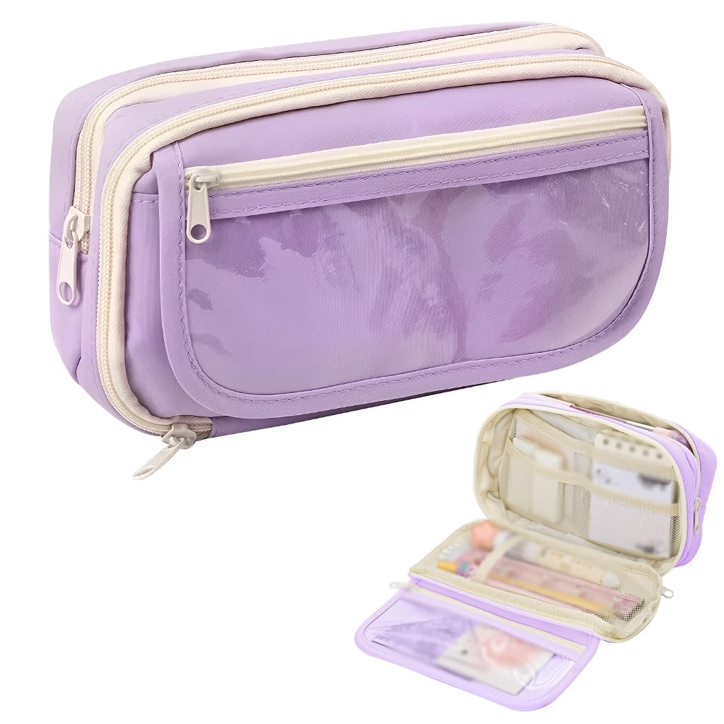 Zibuyu Student Pencil Pouch for School and Office with Multi Layer Mesh Pockets | Purple Organizer
