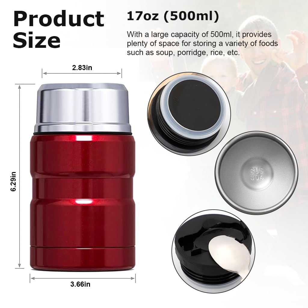 Supvox® Vacuum Flask 500ml Insulated Food Jar Vacuum Flask Food with Folding Spoon Double Layer 304 Stainless Steel Vacuum Flask Food Lunch Box Hot Food Vacuum Insulated Jar for Porridge, Soup, Red