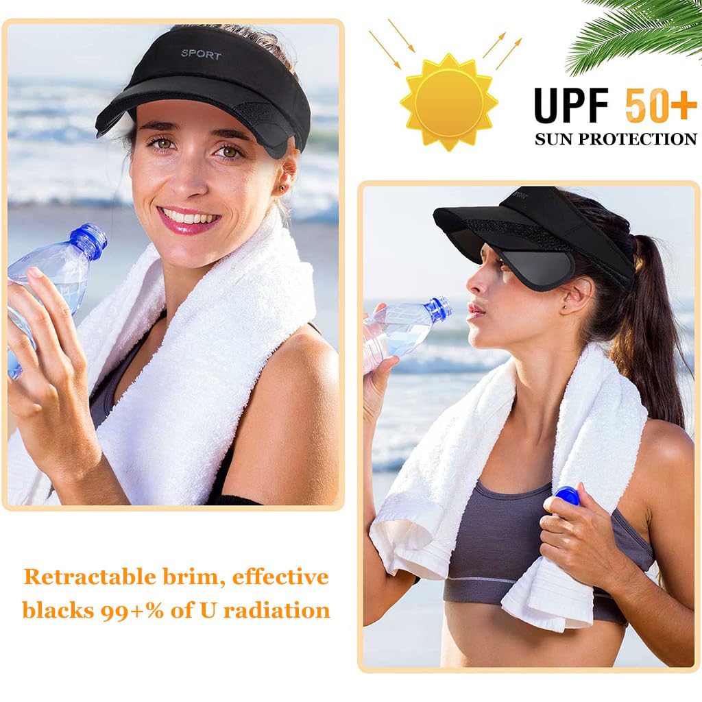 PALAY Sun Golf Visor Hats for Women with Adjustable Retractable Brim Black 2PCS | Stylish Beach Cap