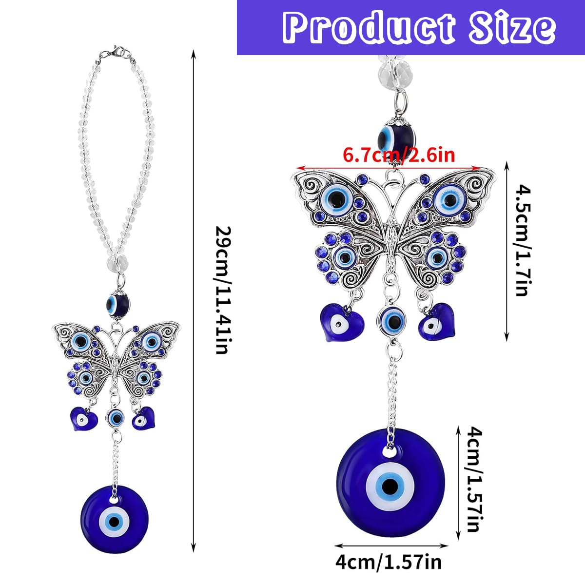 HASTHIP Butterfly Blue Evil Eye Wall Hanging for Home and Car featuring Resin Pendants | Decorative Amulet for Protection and Blessing