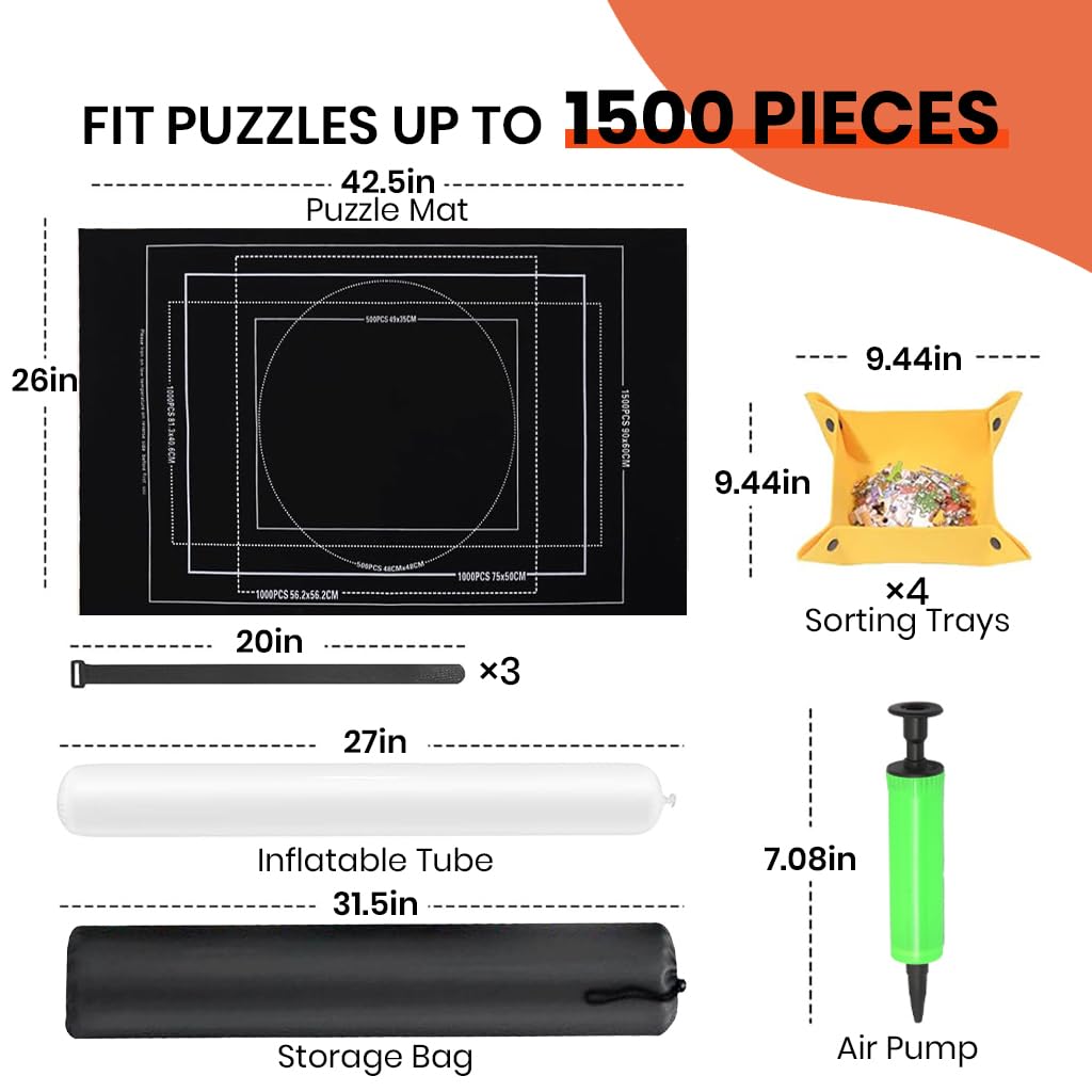 PATPAT Felt Puzzle Floor Mat for 1500 Piece Jigsaws with Air Pillar Pump and 4 Trays | 26x46 in Organizer Set