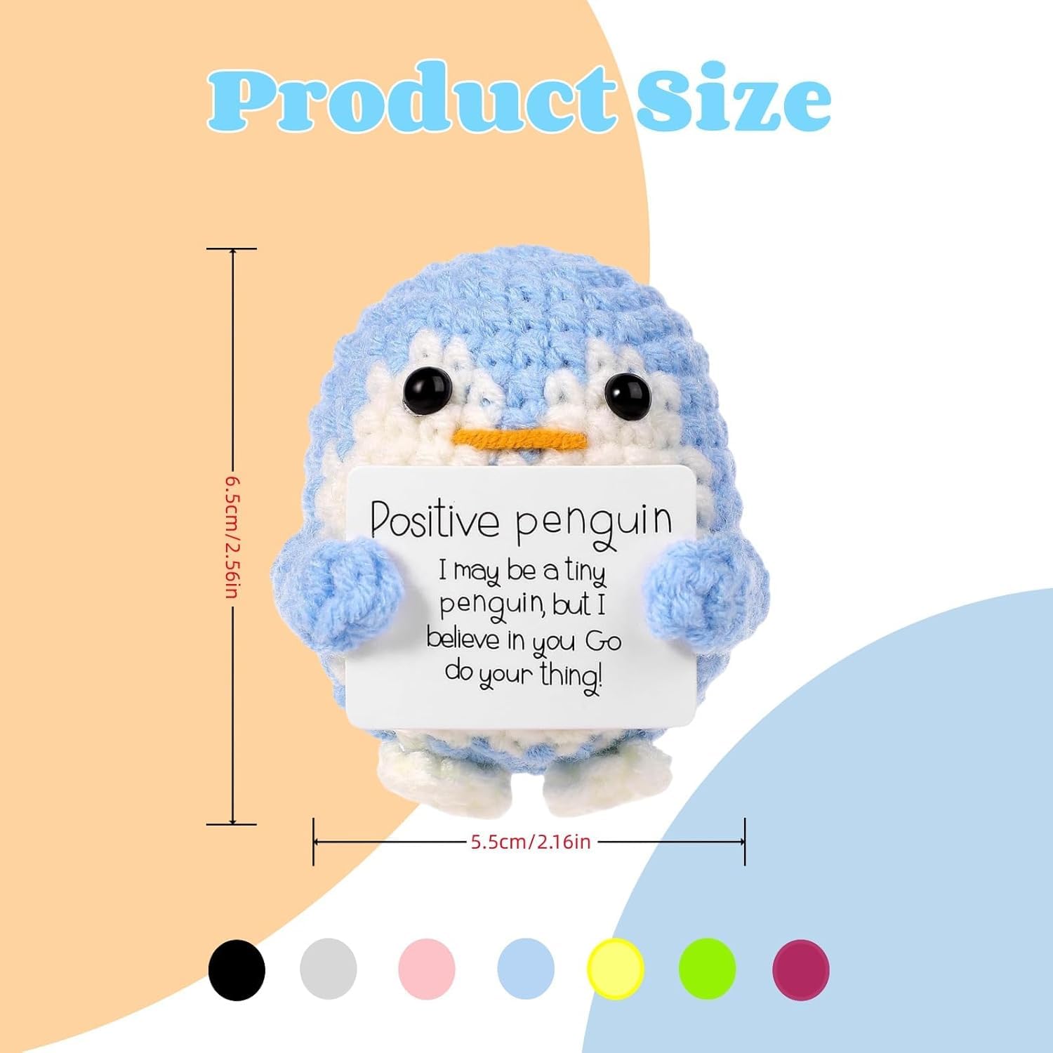 ZIBUYU Handmade Crochet Penguin Toys for Desk Decor with Positive Message Card Blue 2PCS