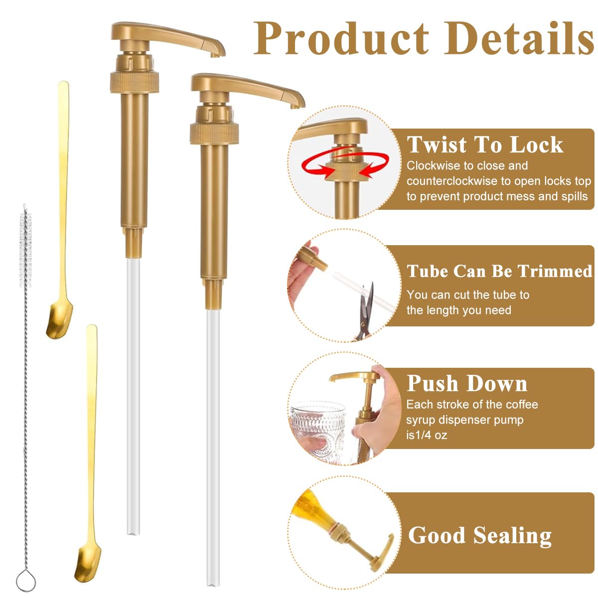 Supvox Gold Coffee Syrup Pumps - 4 Pcs Coffee Creamer Pump Dispenser Milk Pump with 2 Spoon and Cleaning Brush for Gallon Black Cherry Juice Bottle Pumps Soda Can Pump