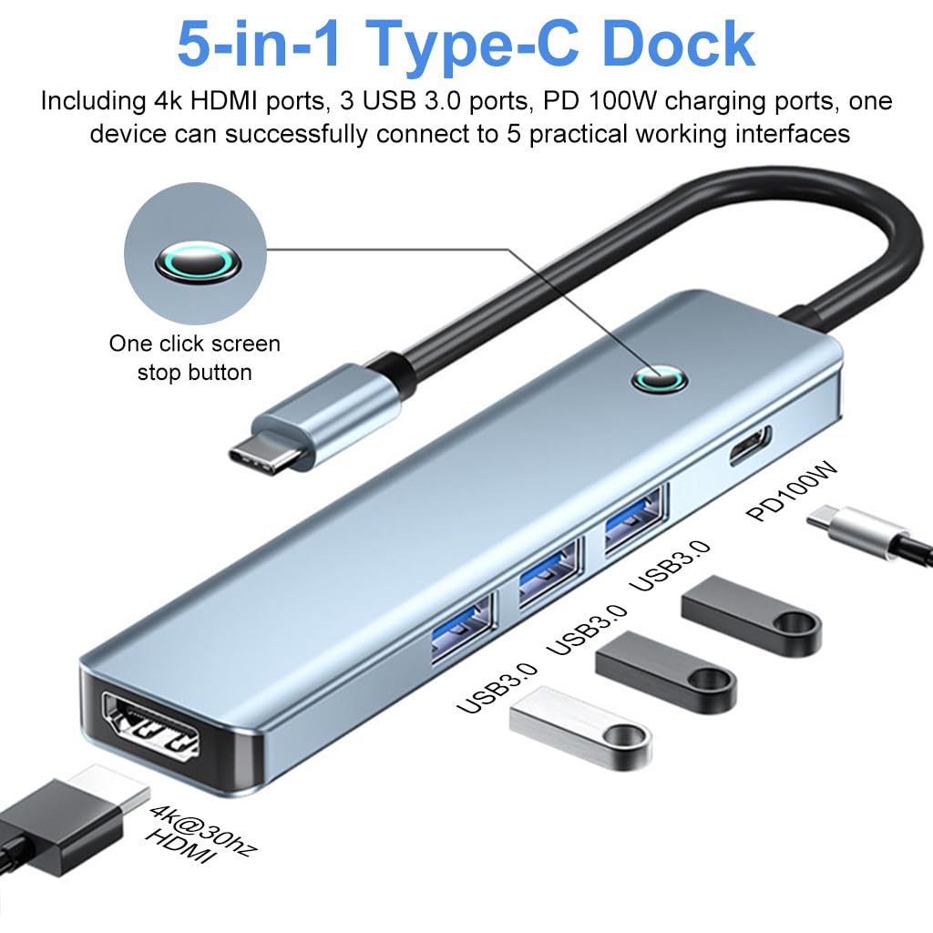 Verilux® USB C HUB 5 in 1 USB C to HDMI Adapter with 4K HDMI, 3.0 USB Adapter Multiple Port PD 100W Charging One-Button Screen Off USB Type C Hub for Laptop, MacBook Pro Air, iPhone 15 Max Pro Plus