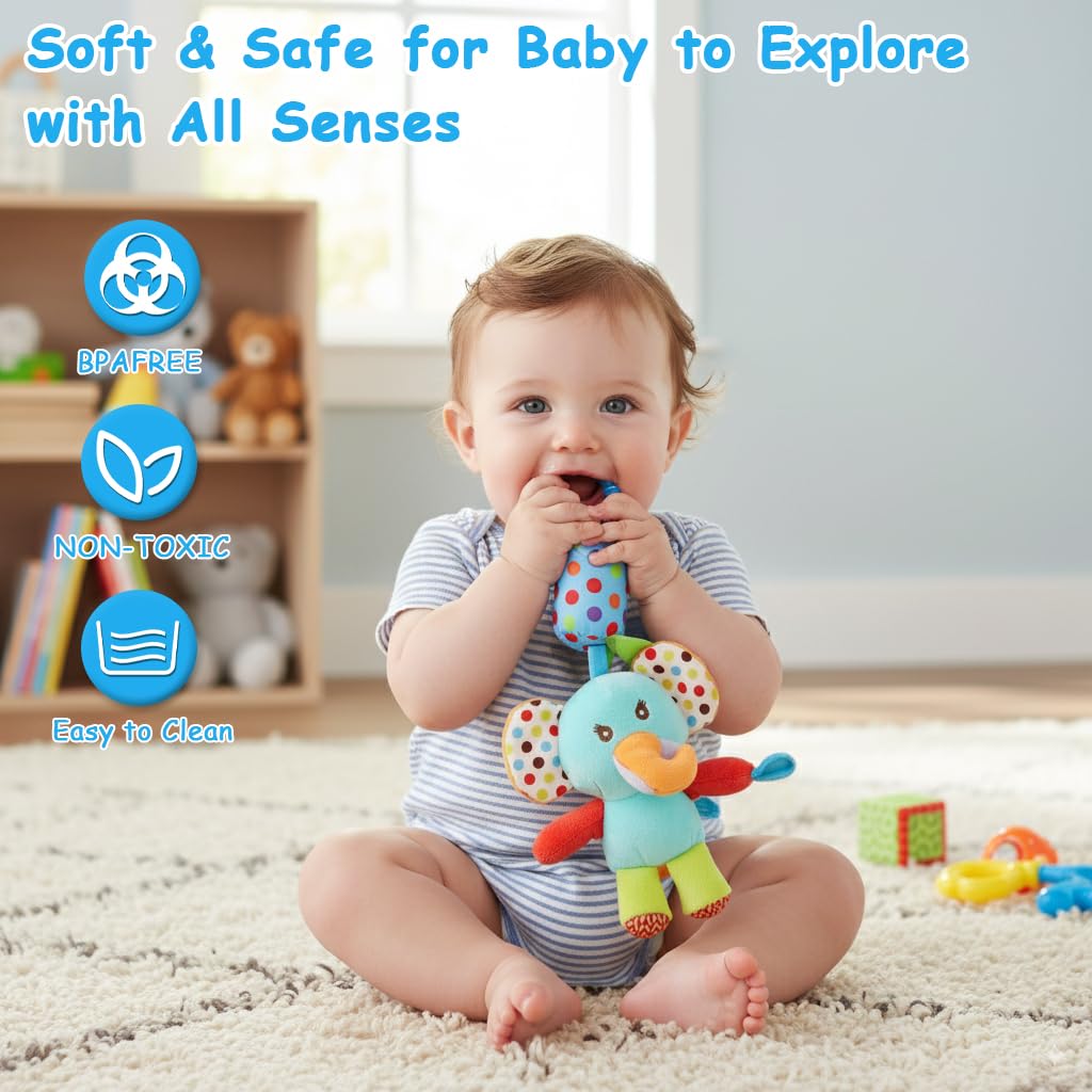 SNOWIE SOFT Hanging Toys for Newborn Baby with C Clip Ring featuring Plush Animal Cow | Soft Rattle and Crinkle Toy for Strollers and Car Seats