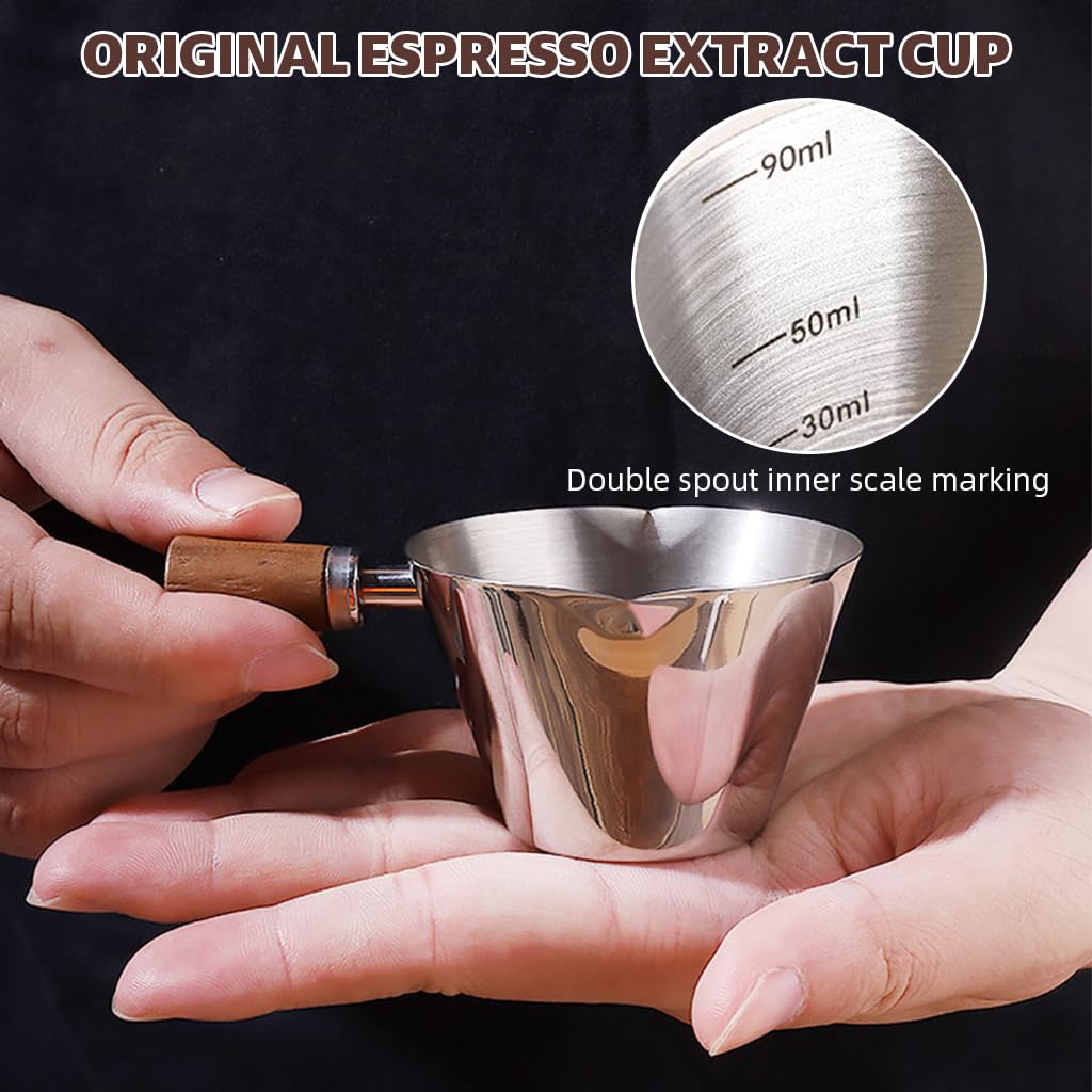 Supvox Espresso Coffee Cup 90ml for Brewing and Measuring with Dual-way V-nozzle | Brushed Stainless Steel and Wooden Handle
