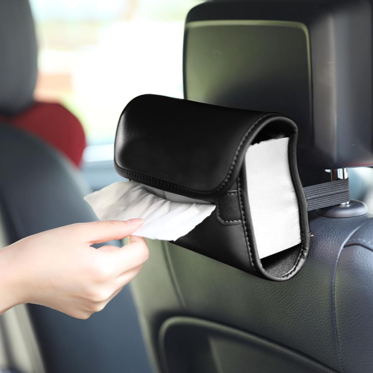 STHIRA® Car Tissue Paper Holder PU Leather Car Tissue Paper Box Sun Visor Tissue Paper Holder Backseat Tissue Paper Box Universal Car Tissue Paper Box with Quick Relase Buckle, 7.5'' x 6.7'' x 2.3''