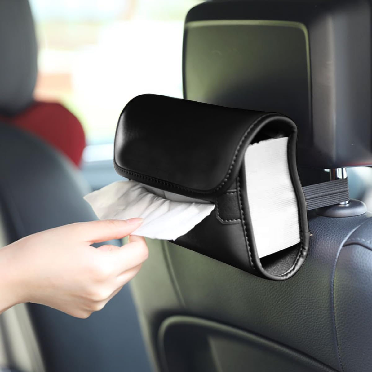 PU Leather Car Tissue Box for Sun Visor and Headrest featuring Adjustable Strap | Universal Fit
