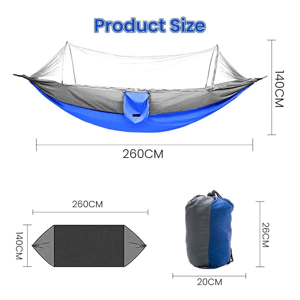 Optifit Hammock for Camping with Zipping Mosquito Net 260×140cm Nylon Fabric | Portable Outdoor Swing for Adults and Kids