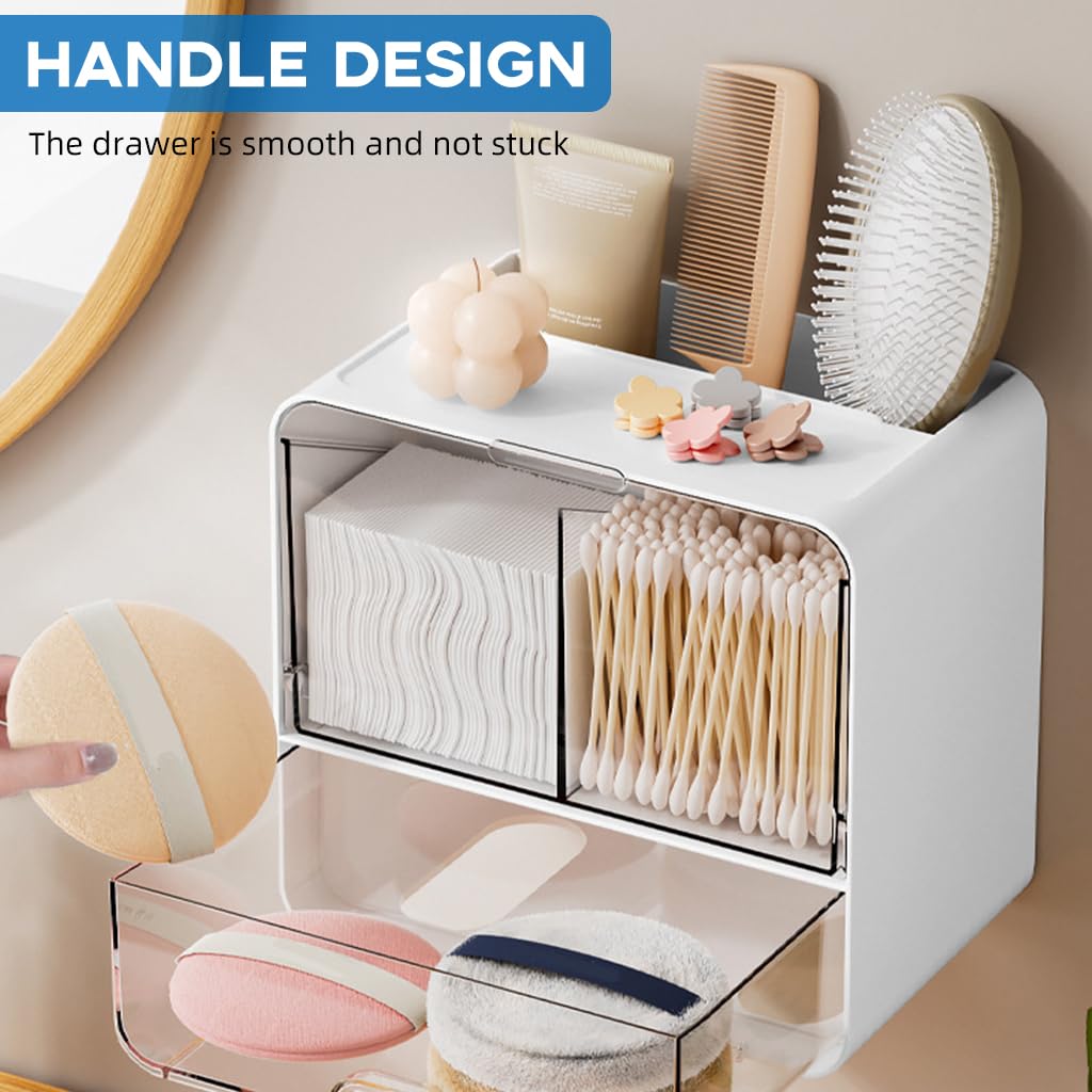 HASTHIP Bathroom Organizer for Cotton Pads and Swabs with Flip Covers 16.3x10.8x17.2 cm | Wall Mounted White Storage Case